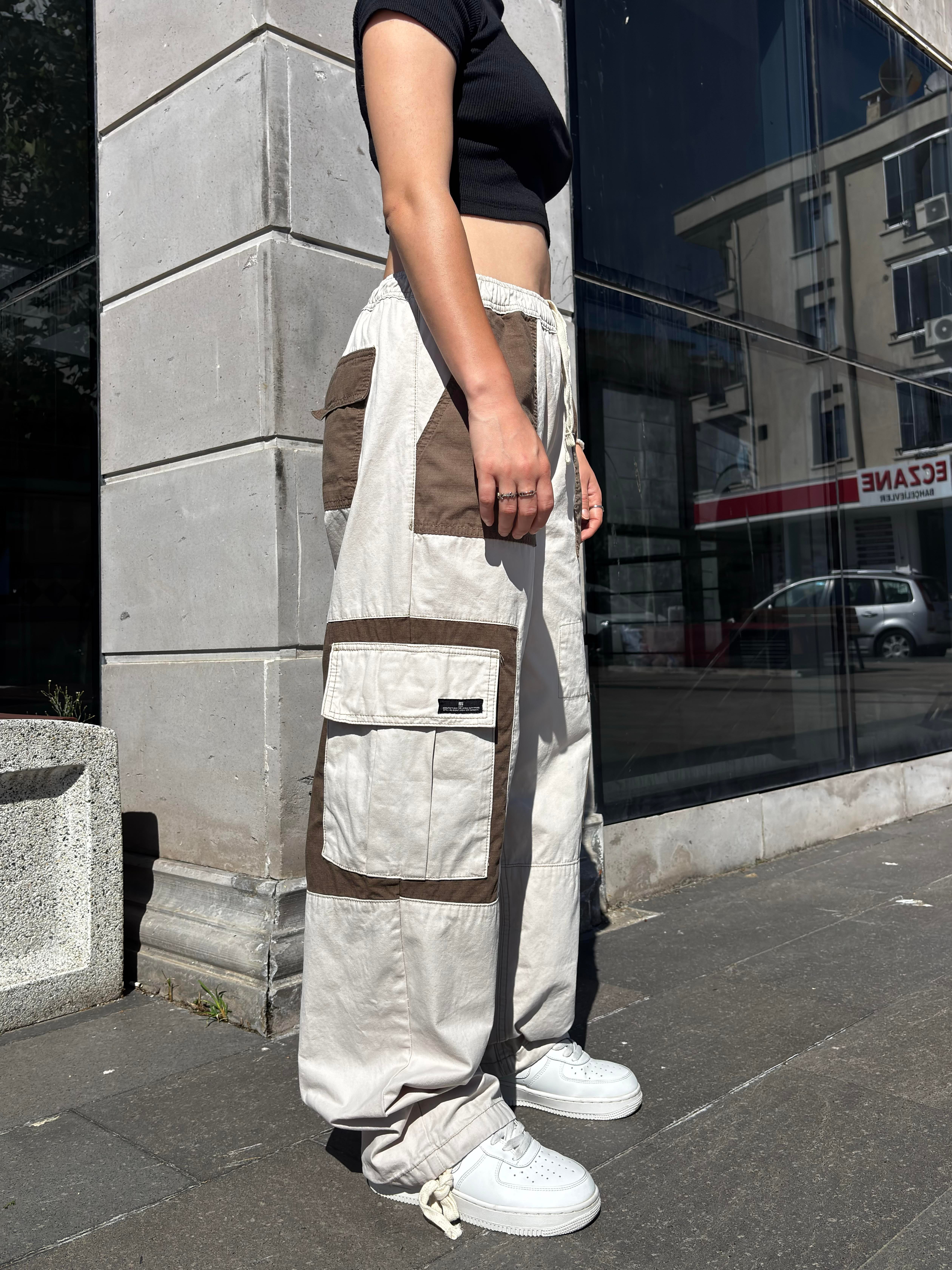 Cream Tone Patchwork Utility Cargo Pants