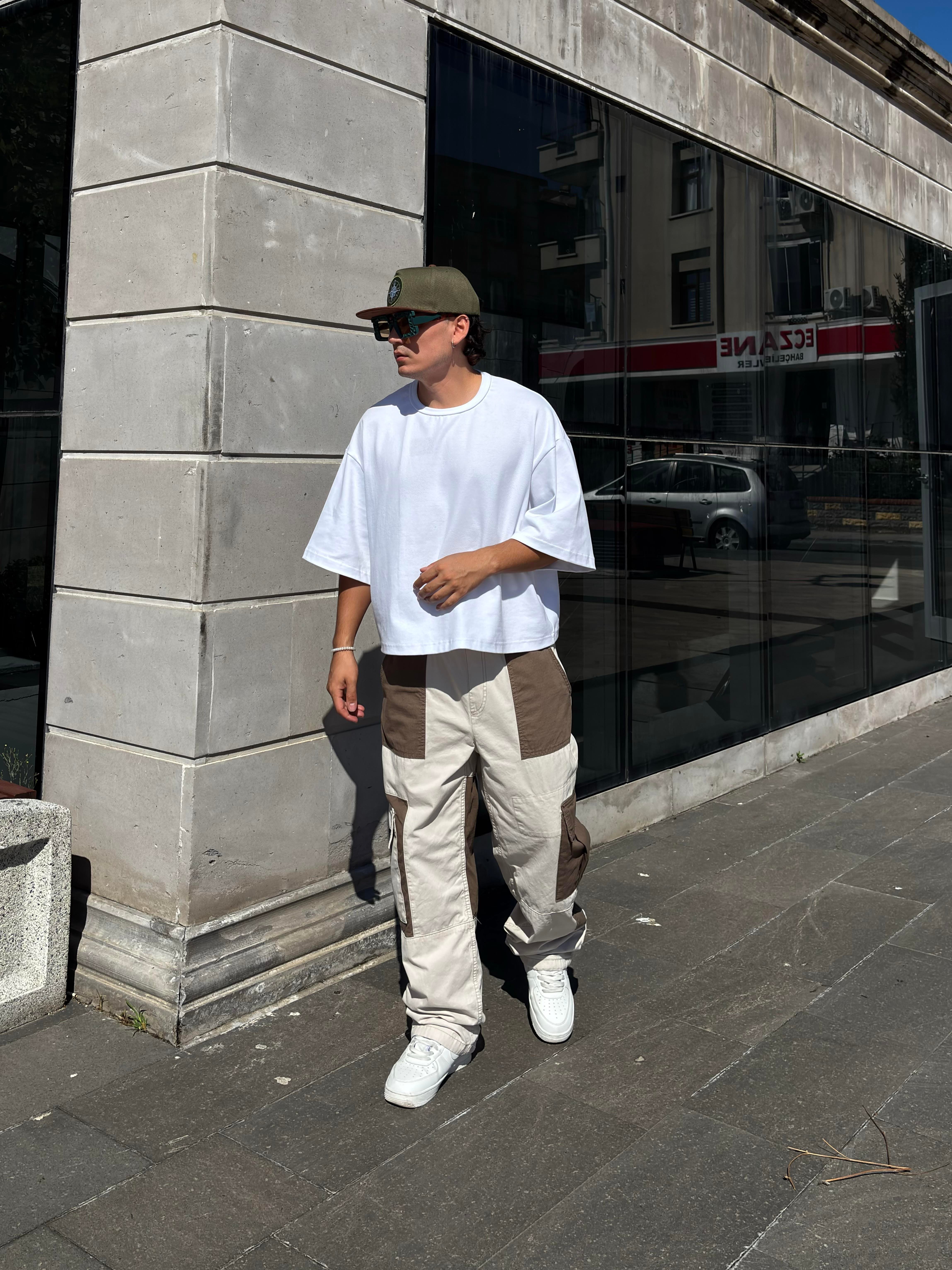 Cream Tone Patchwork Utility Cargo Pants