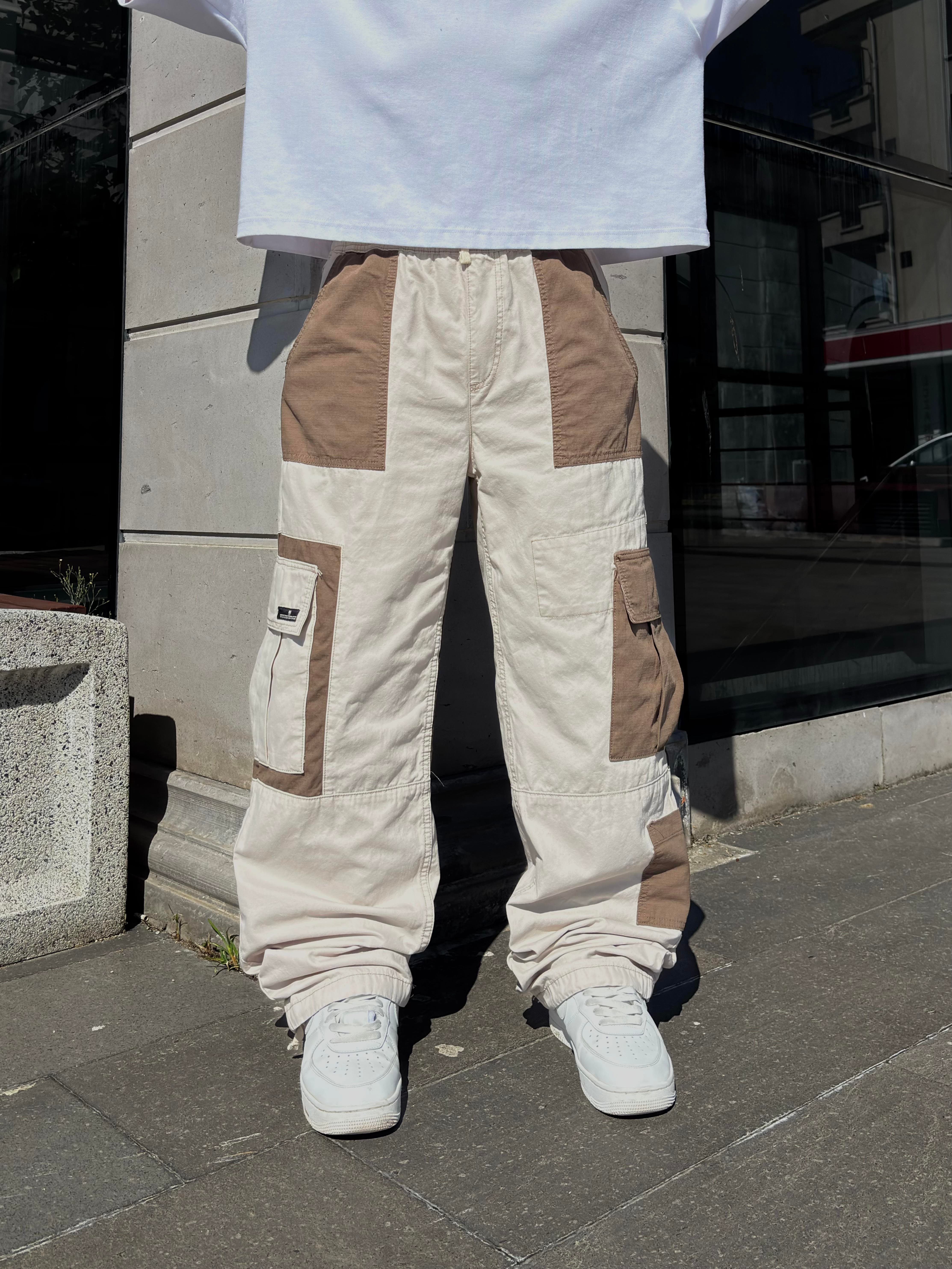 Cream Tone Patchwork Utility Cargo Pants