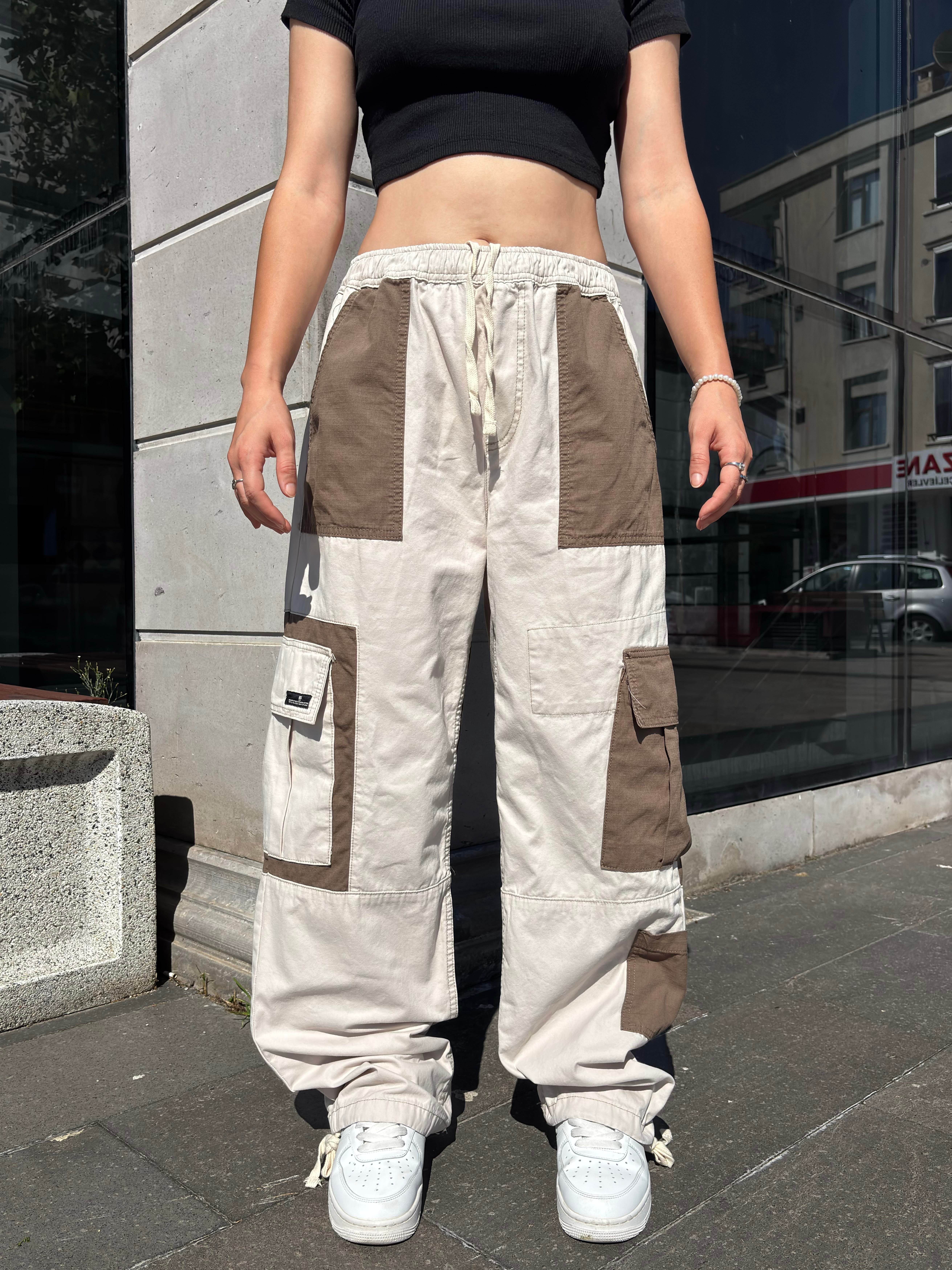 Cream Tone Patchwork Utility Cargo Pants