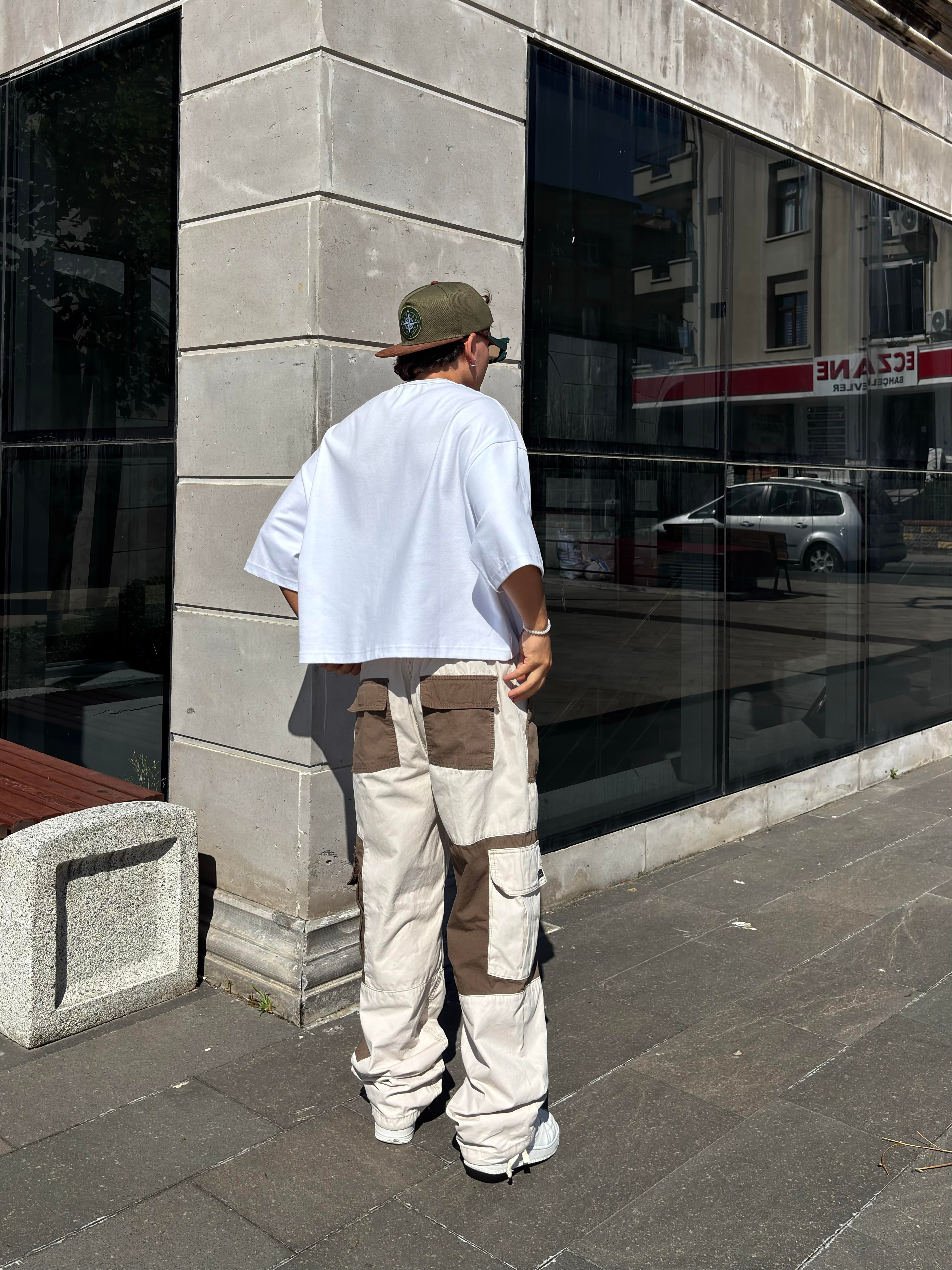 Cream Tone Patchwork Utility Cargo Pants