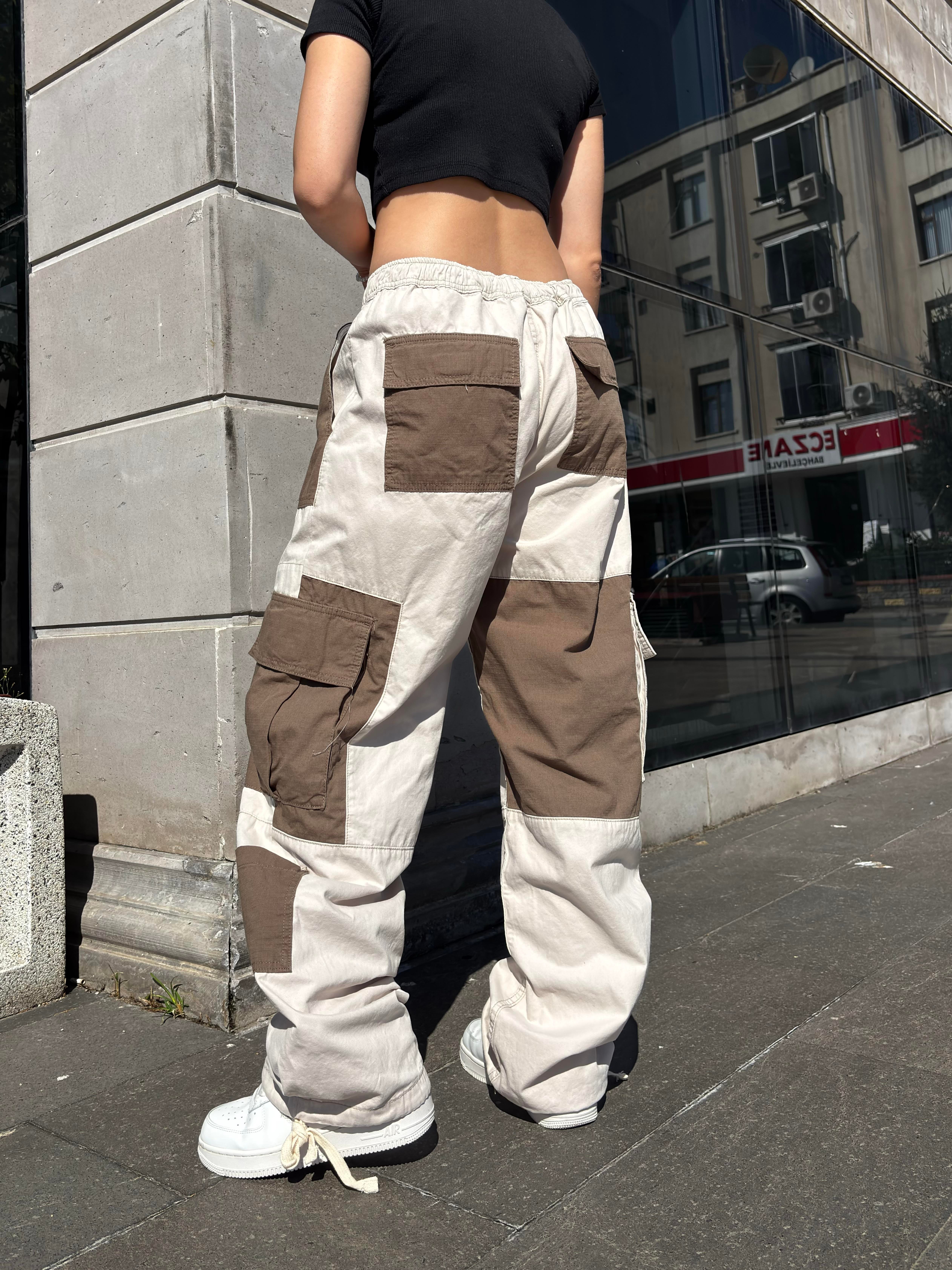 Cream Tone Patchwork Utility Cargo Pants