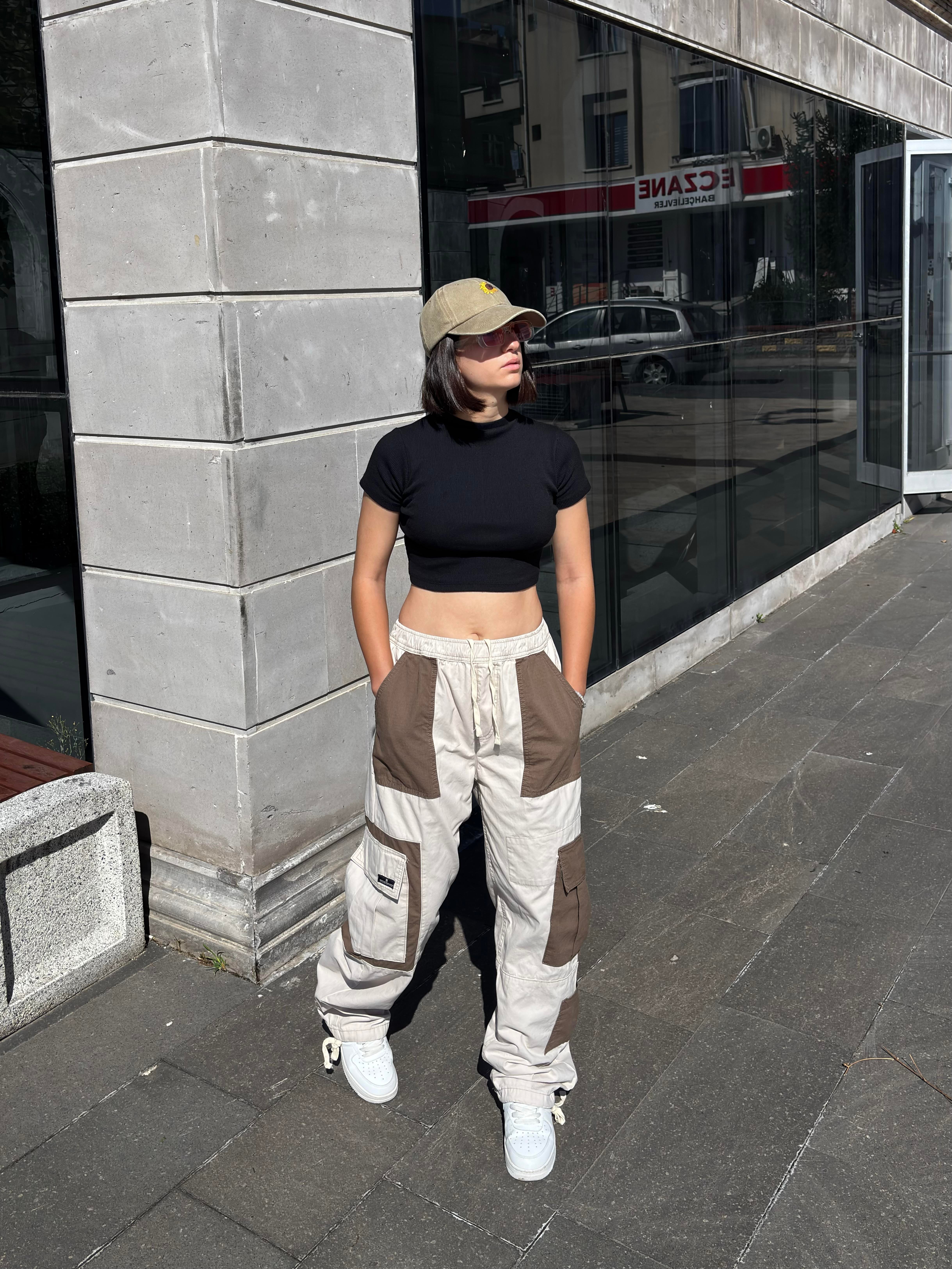 Cream Tone Patchwork Utility Cargo Pants