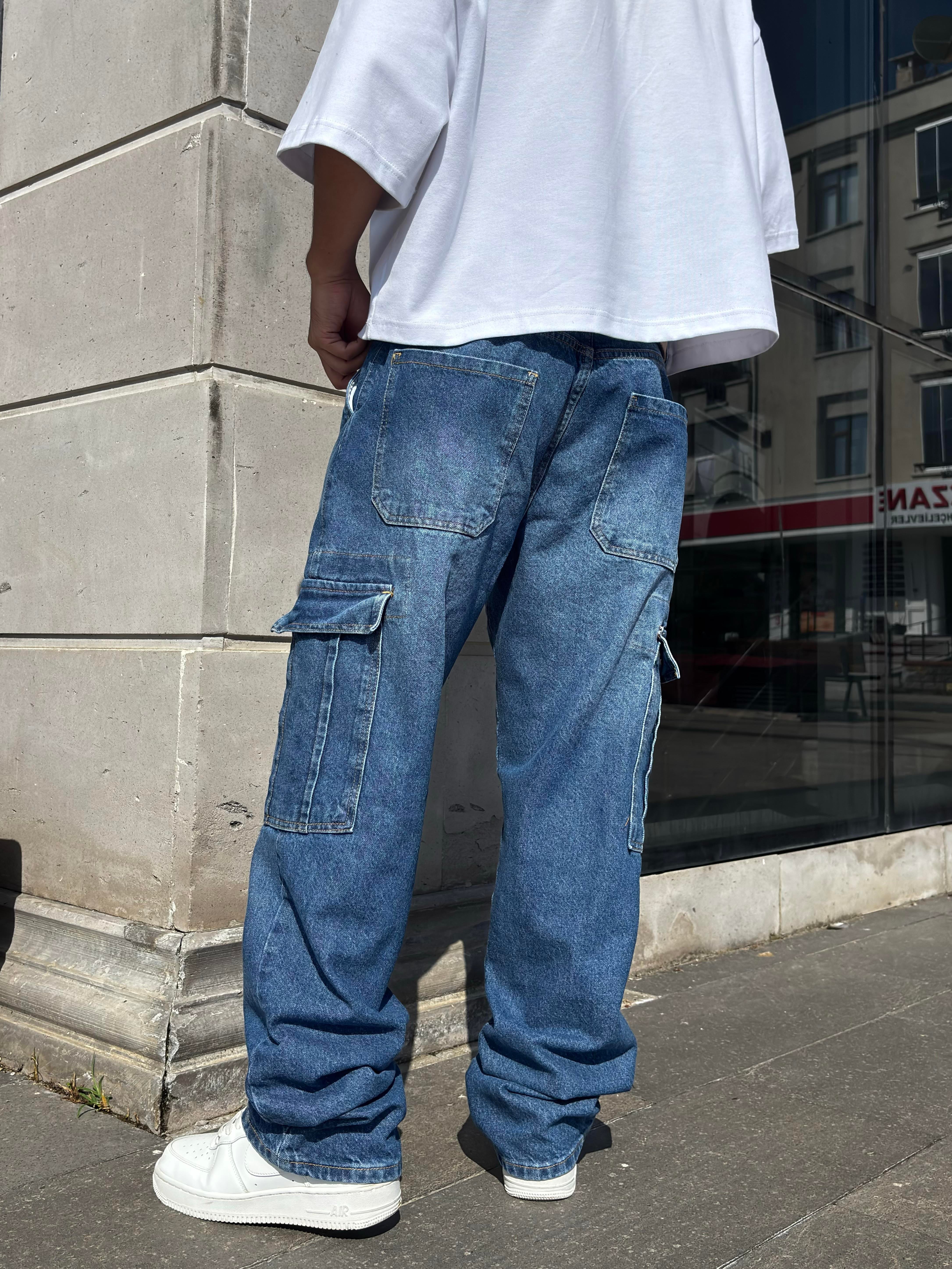 Dark Blue Eskitme Ton Denim Cargo Pants