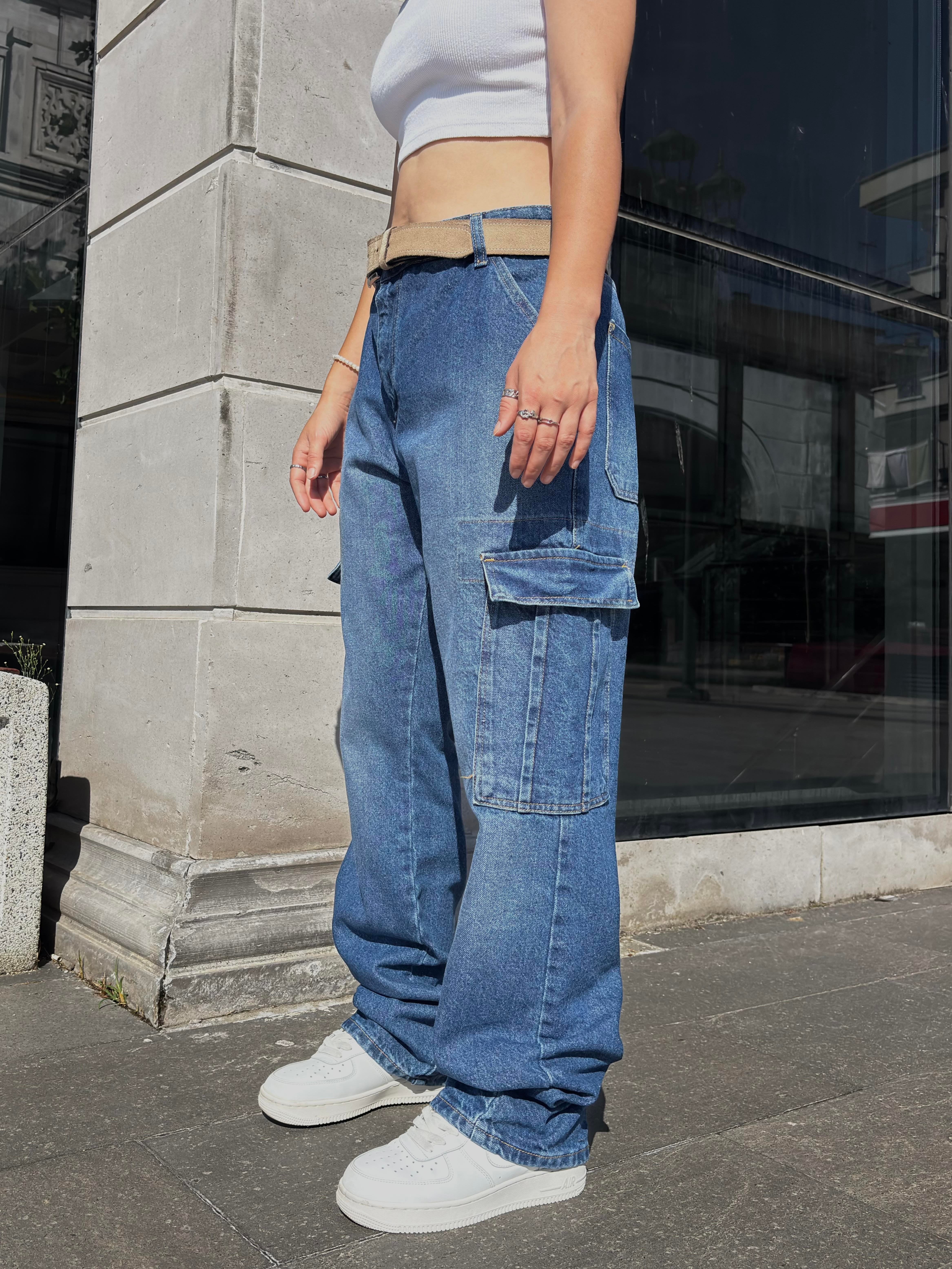 Dark Blue Eskitme Ton Denim Cargo Pants