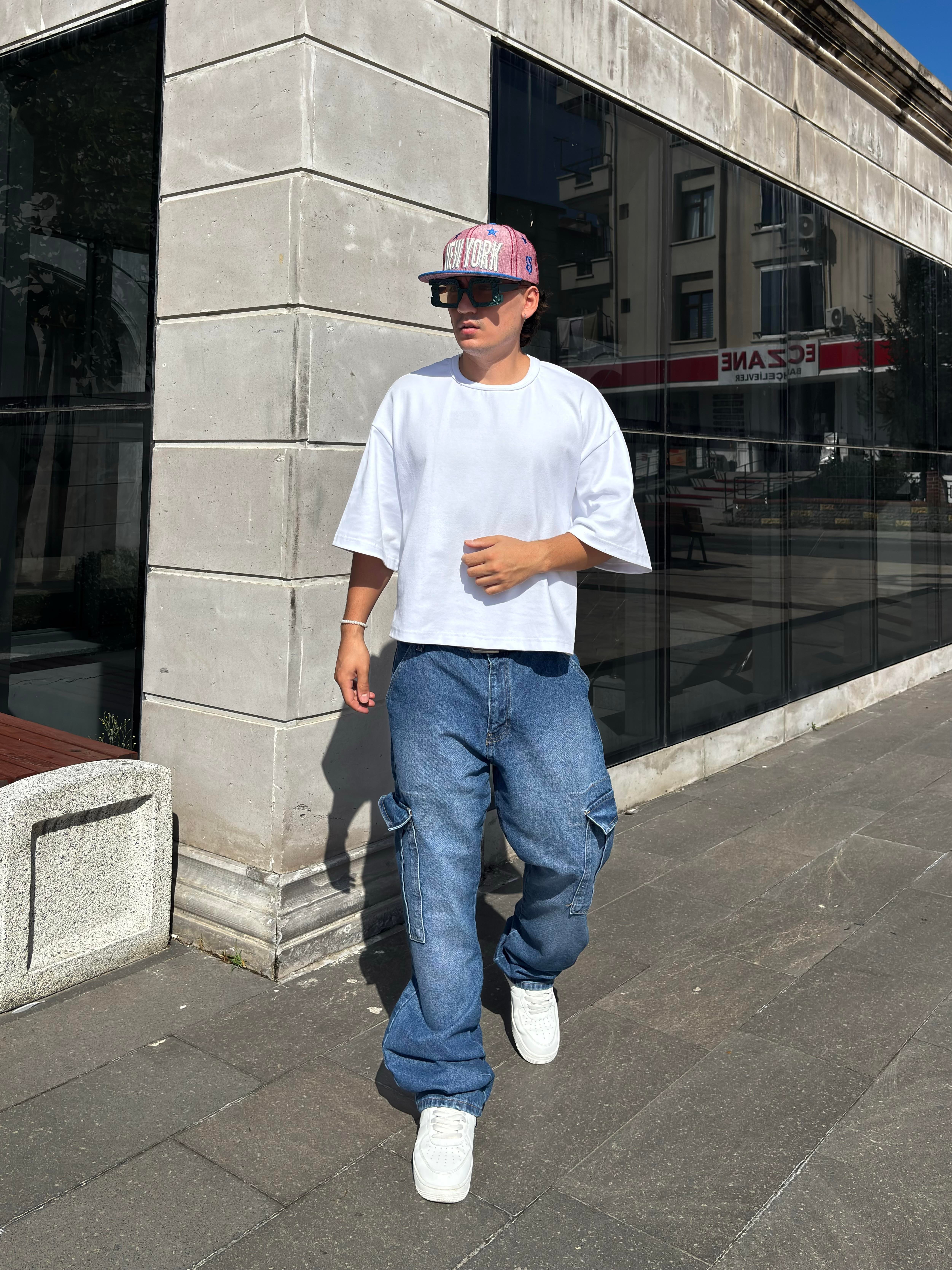 Dark Blue Eskitme Ton Denim Cargo Pants