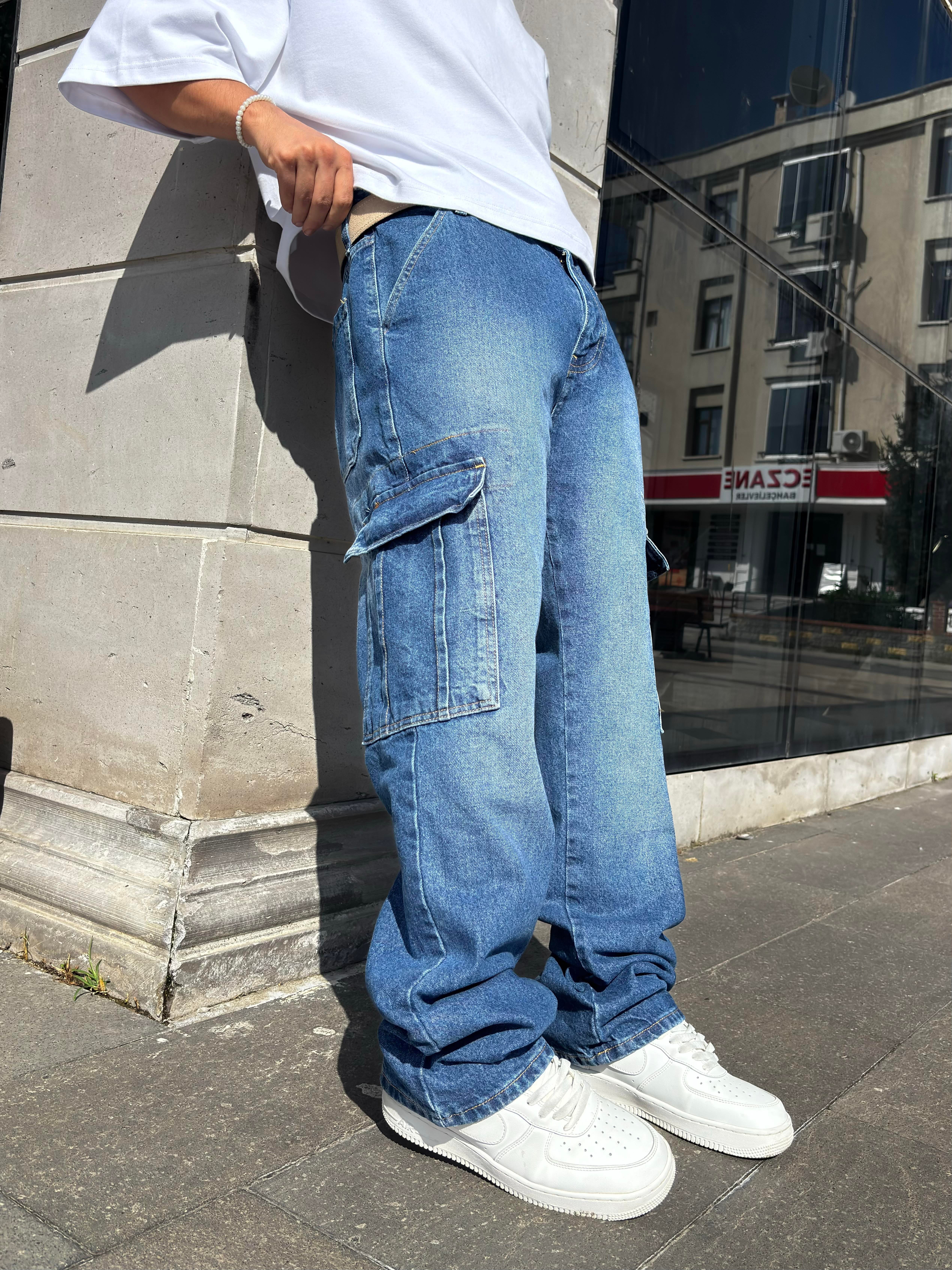 Dark Blue Eskitme Ton Denim Cargo Pants