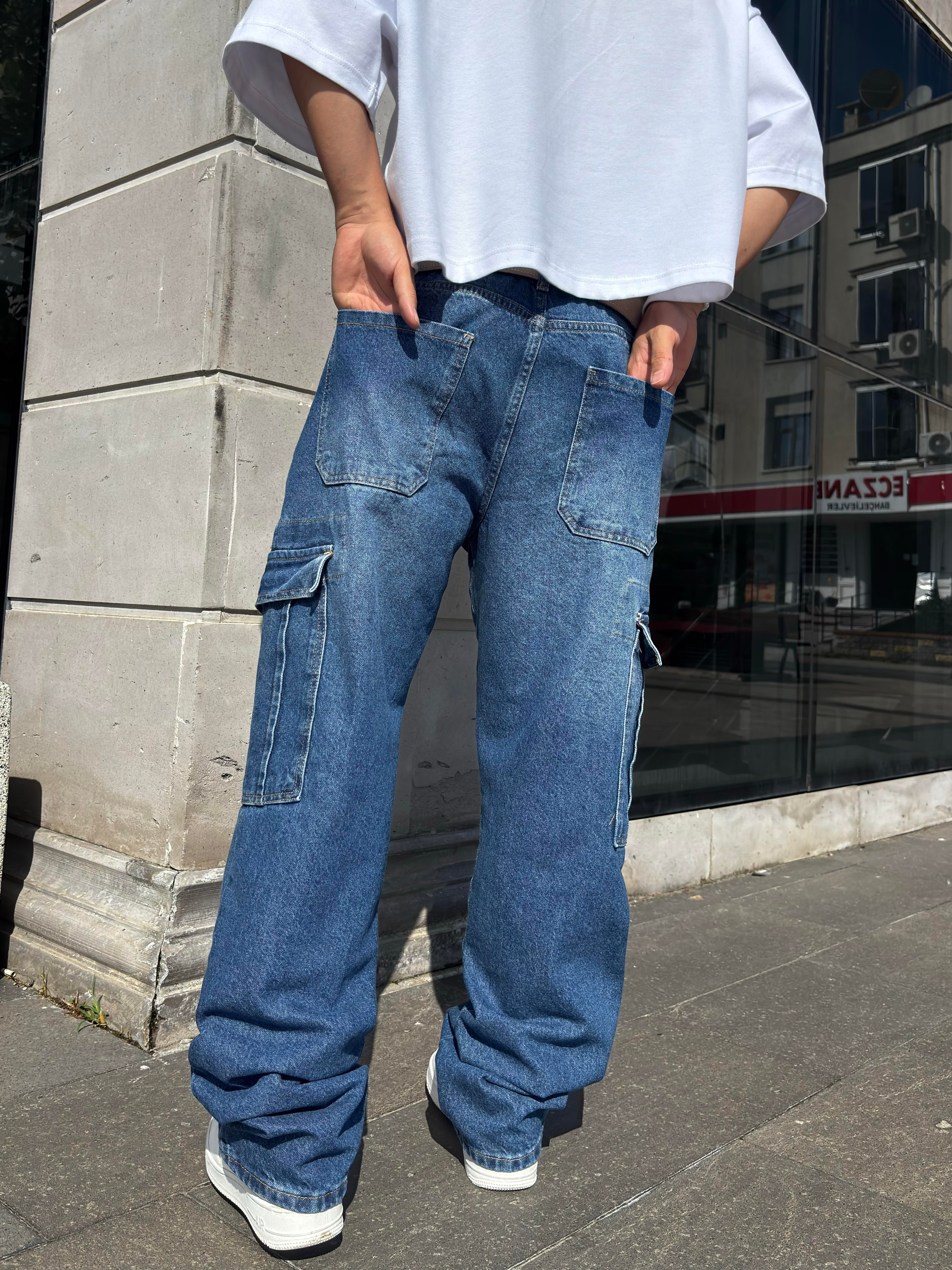 Dark Blue Eskitme Ton Denim Cargo Pants