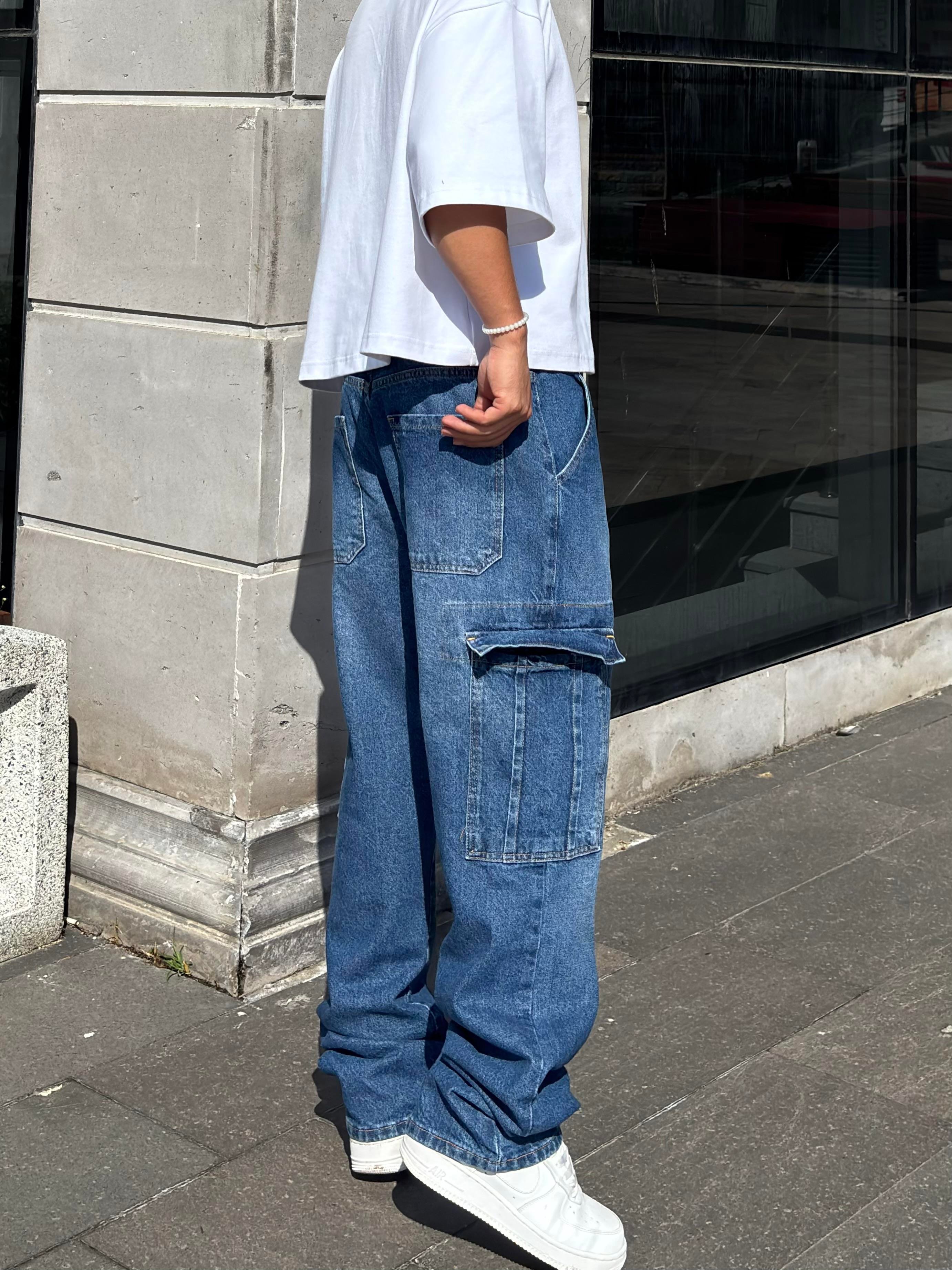 Dark Blue Eskitme Ton Denim Cargo Pants