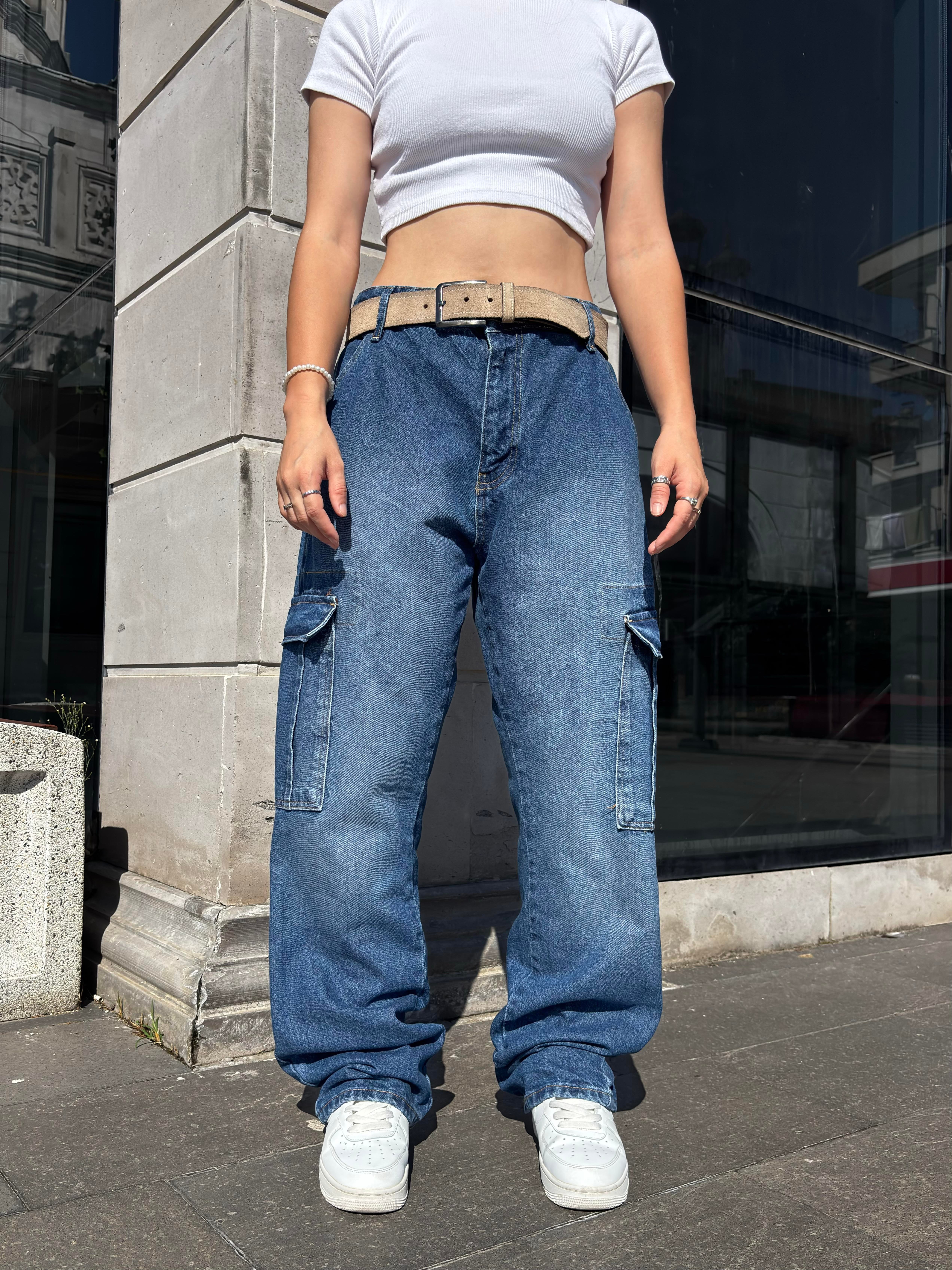 Dark Blue Eskitme Ton Denim Cargo Pants