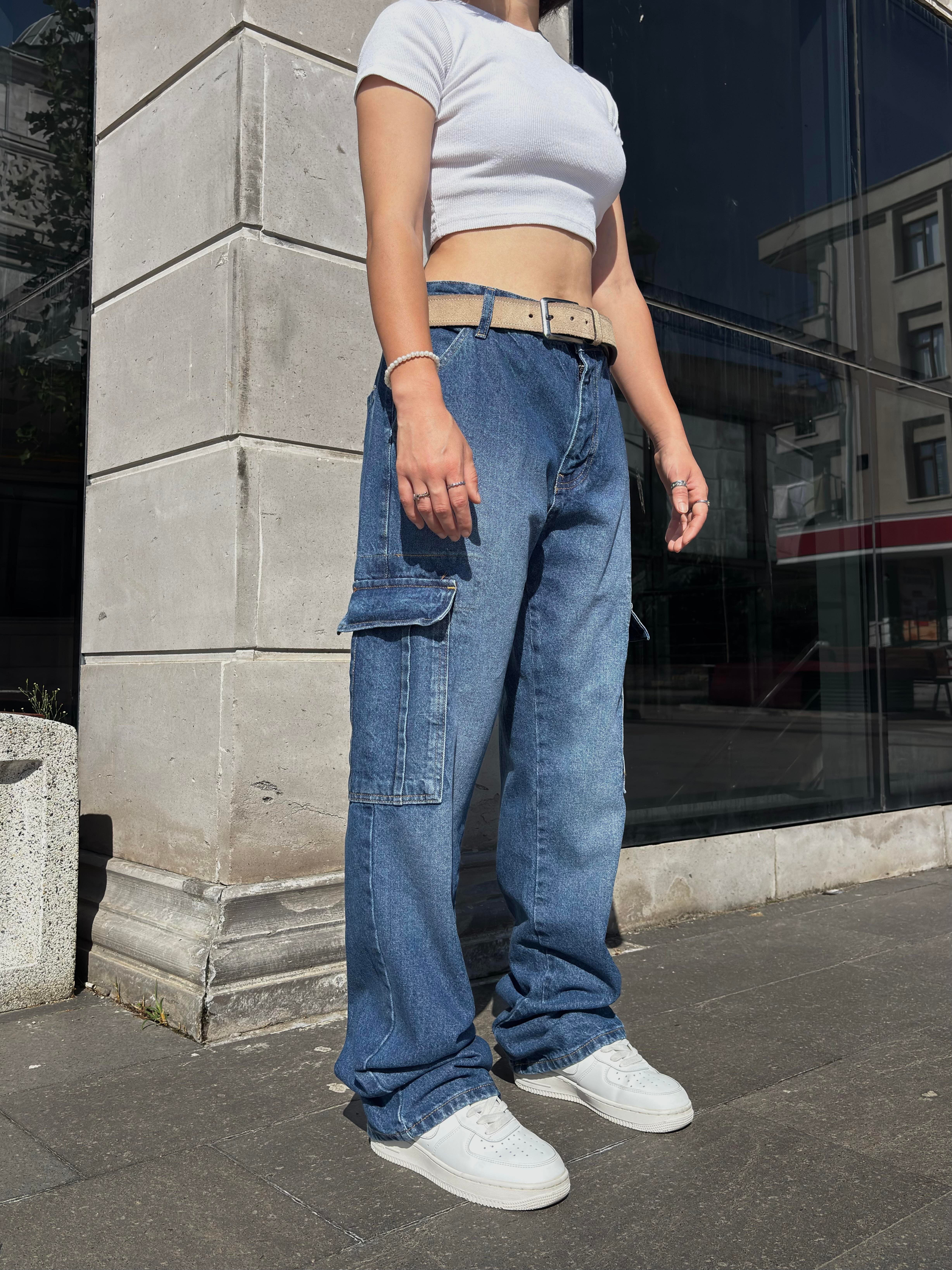 Dark Blue Eskitme Ton Denim Cargo Pants