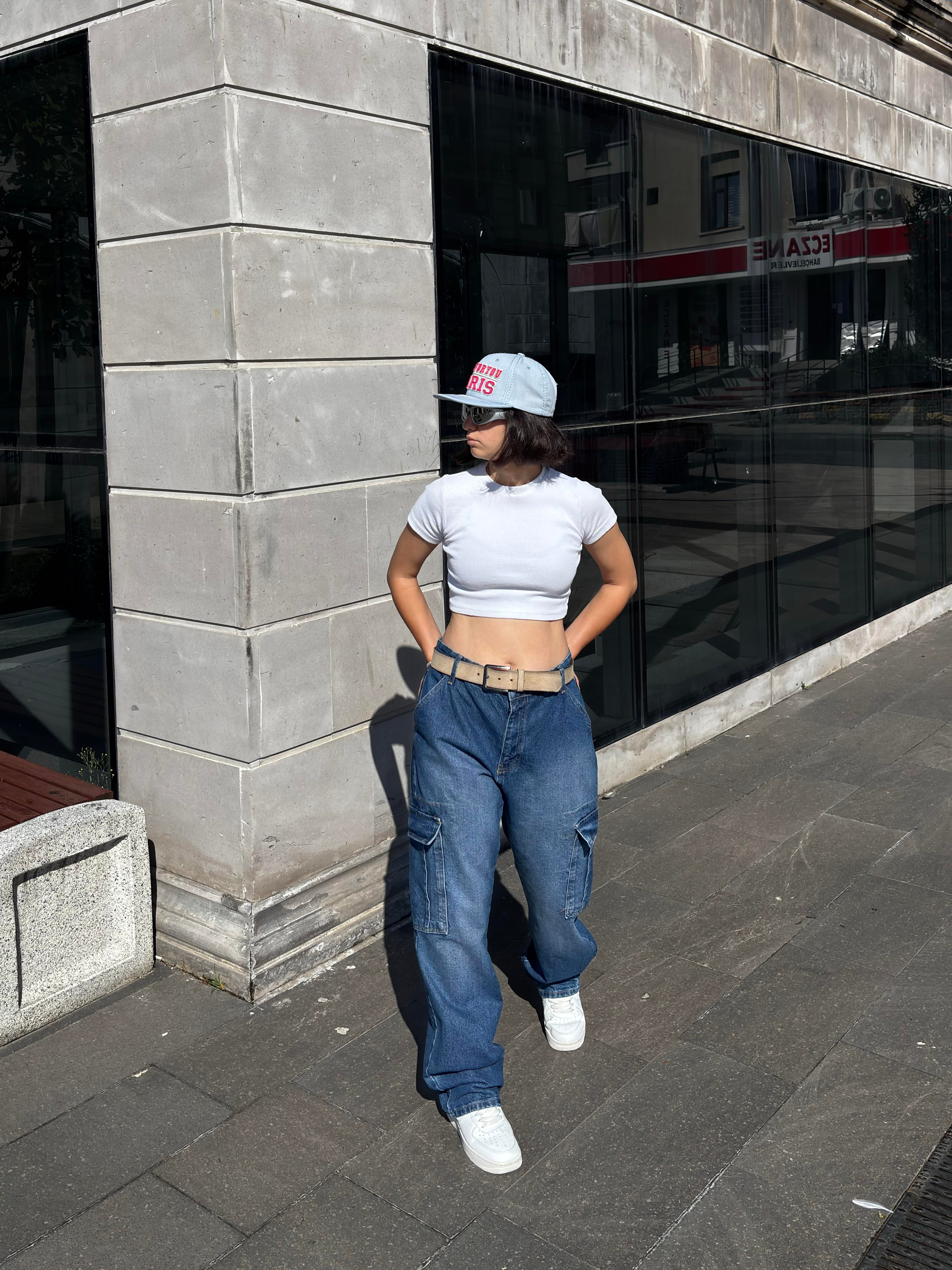 Dark Blue Eskitme Ton Denim Cargo Pants