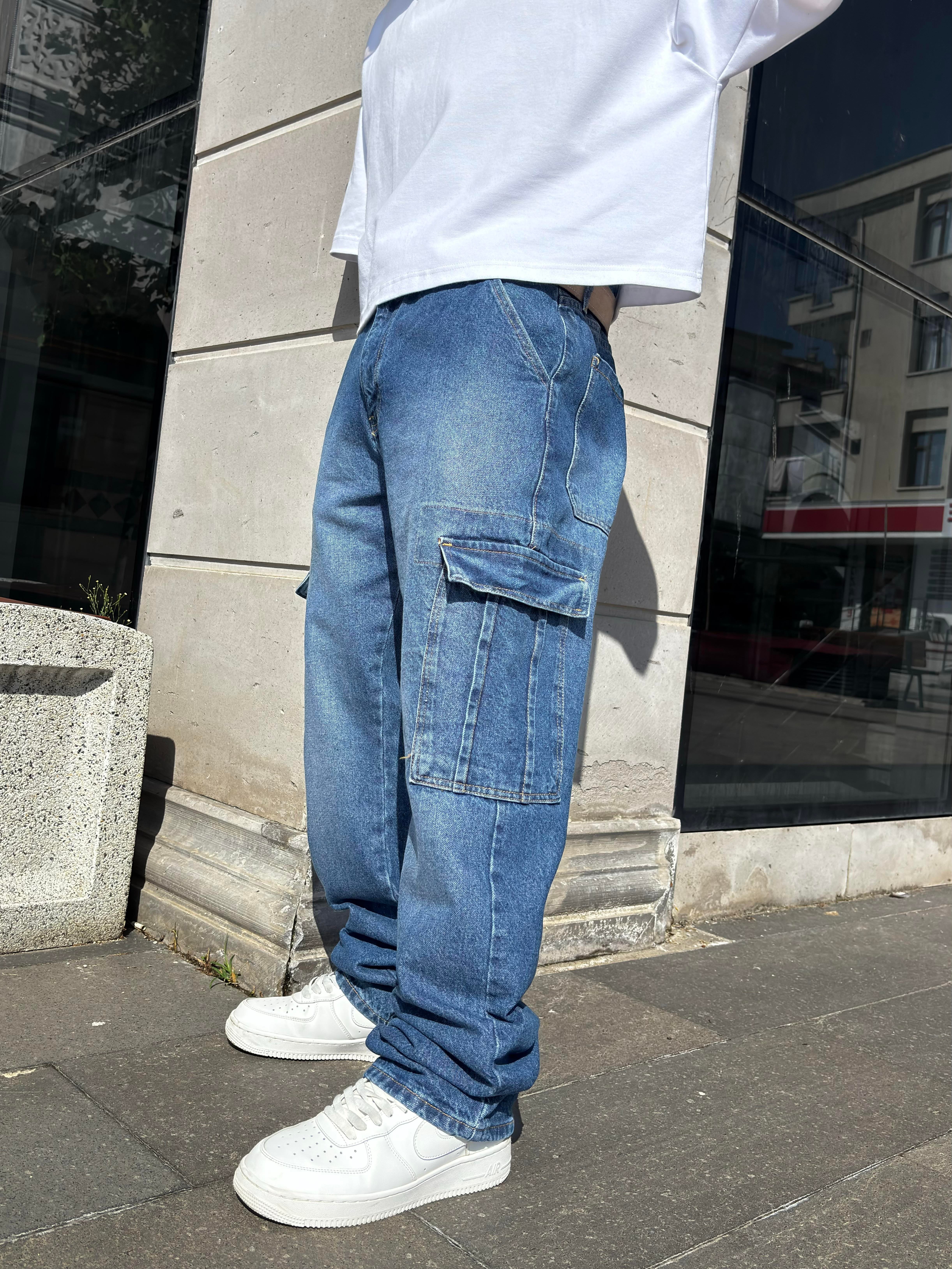 Dark Blue Eskitme Ton Denim Cargo Pants