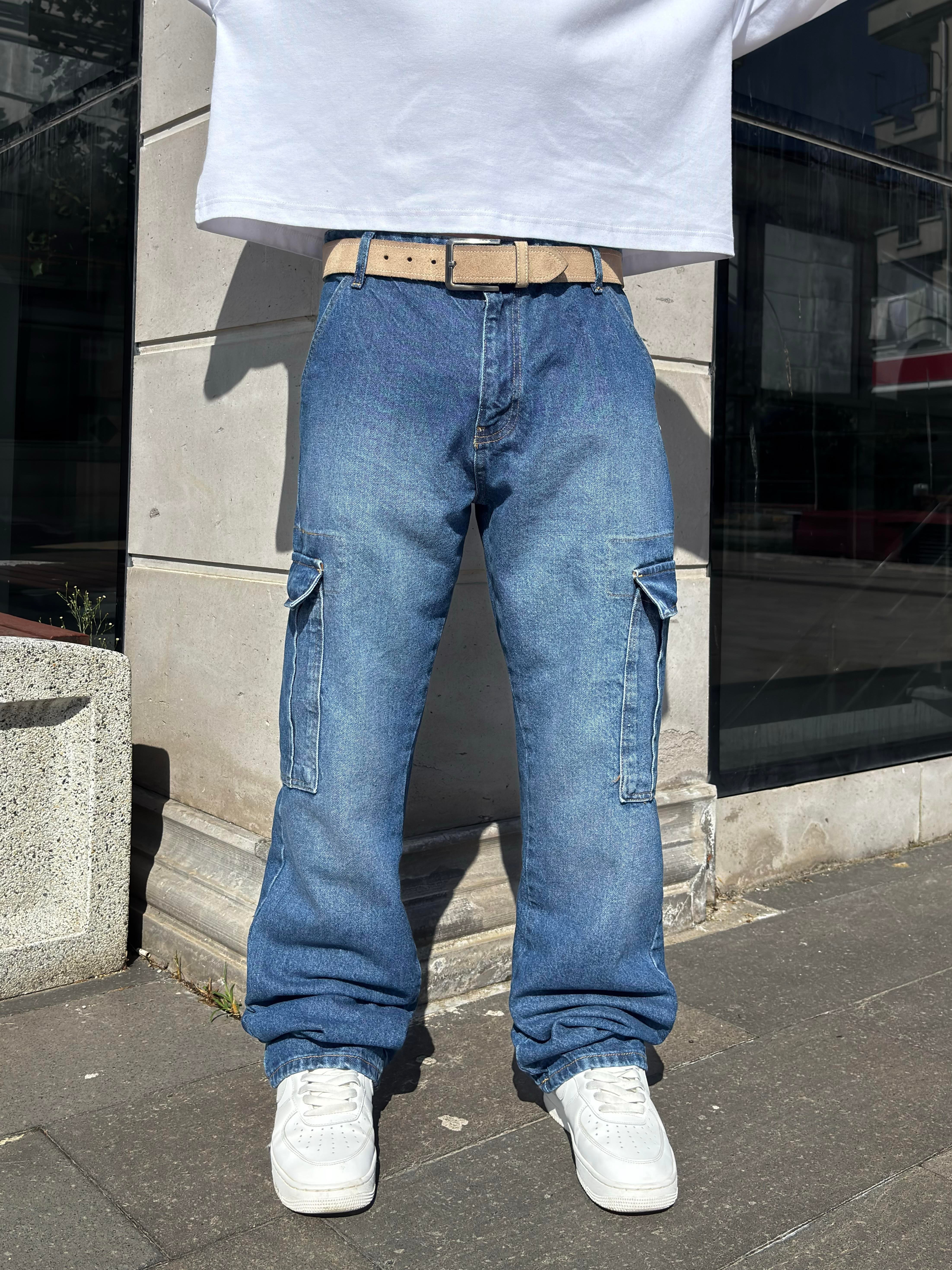 Dark Blue Eskitme Ton Denim Cargo Pants