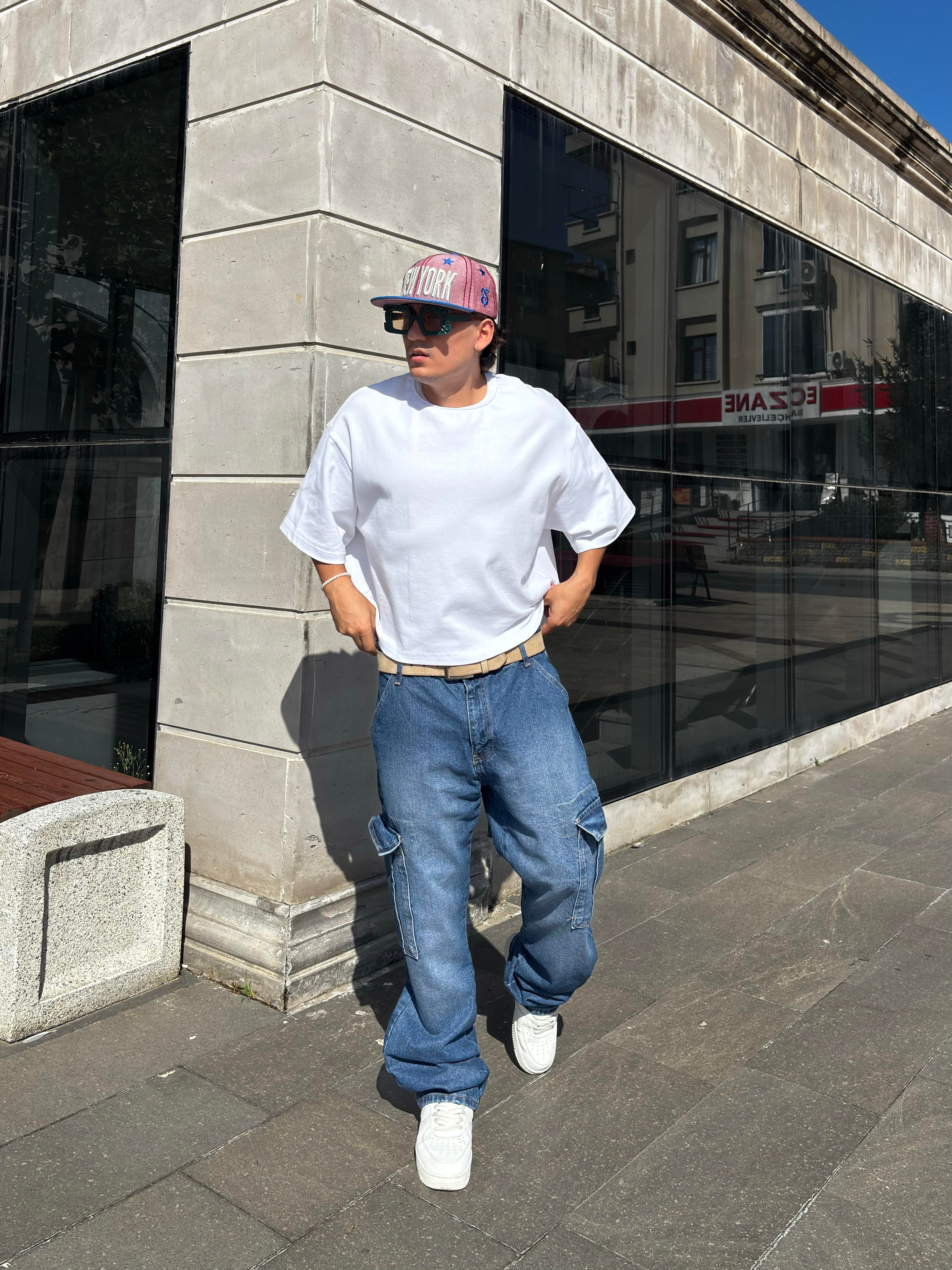 Dark Blue Eskitme Ton Denim Cargo Pants