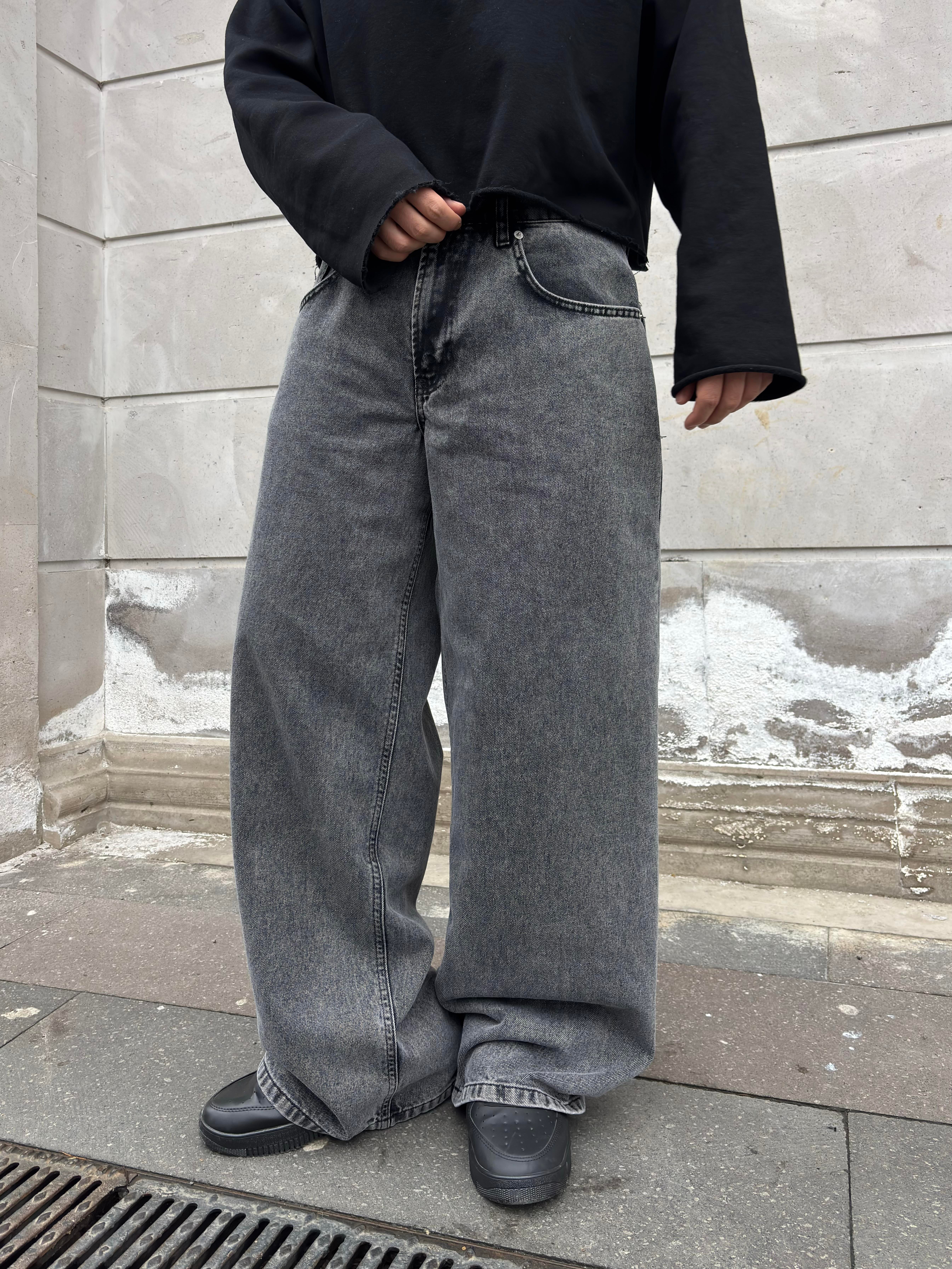 Dark Grey Eskitme Ton Extreme Baggy Jeans