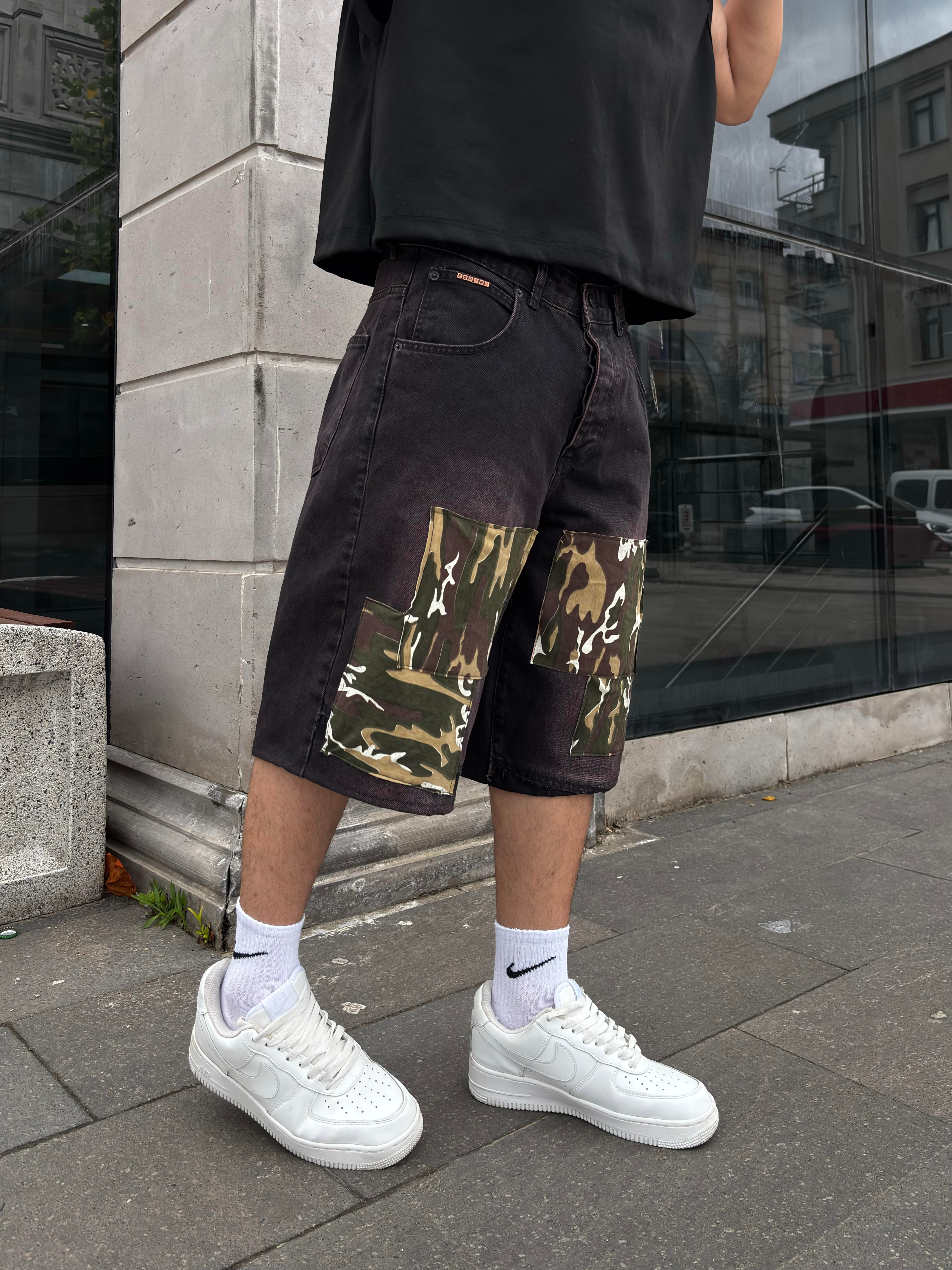 Denim Square Camo Detail Baggy Jorts