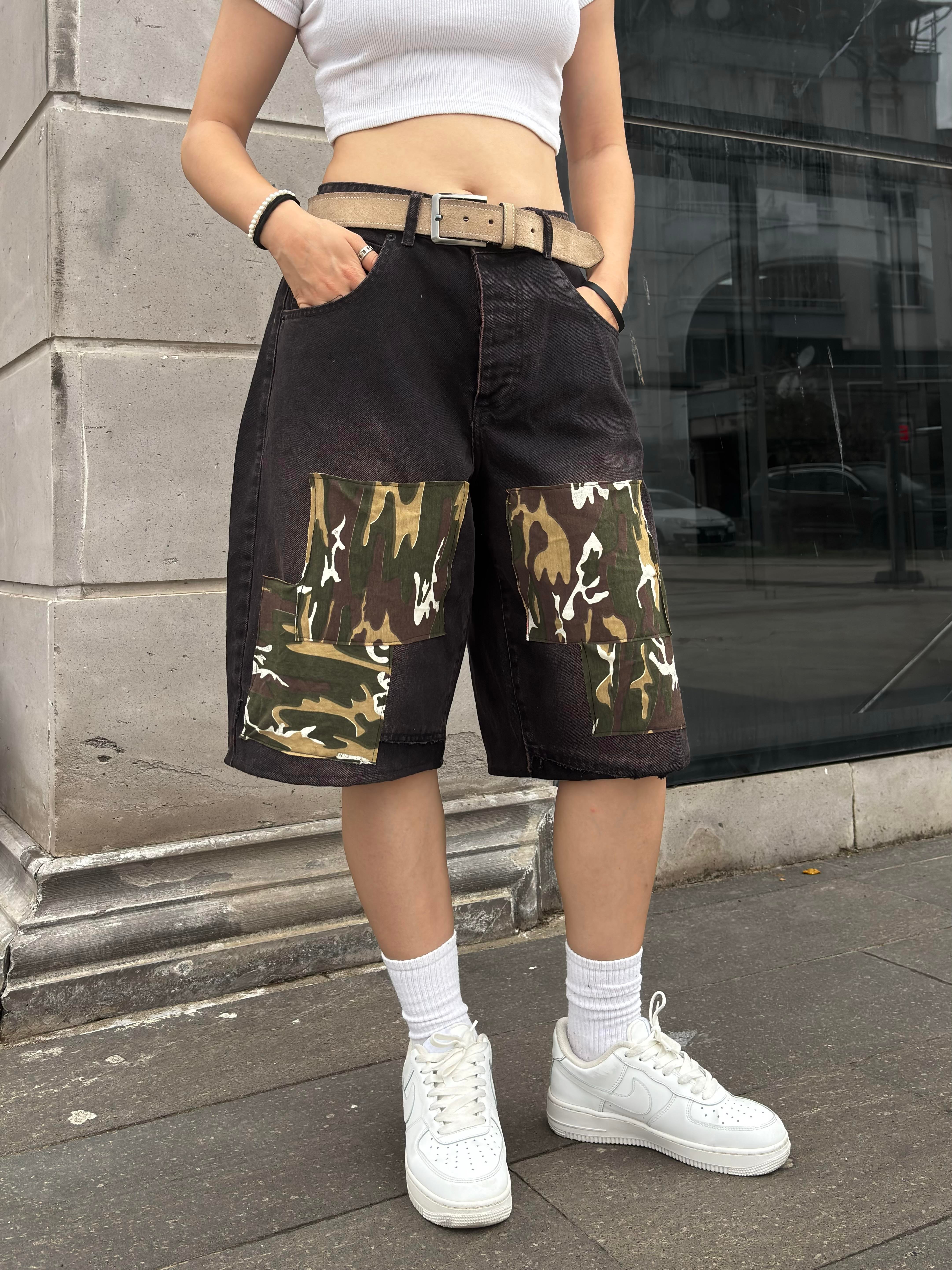 Denim Square Camo Detail Baggy Jorts