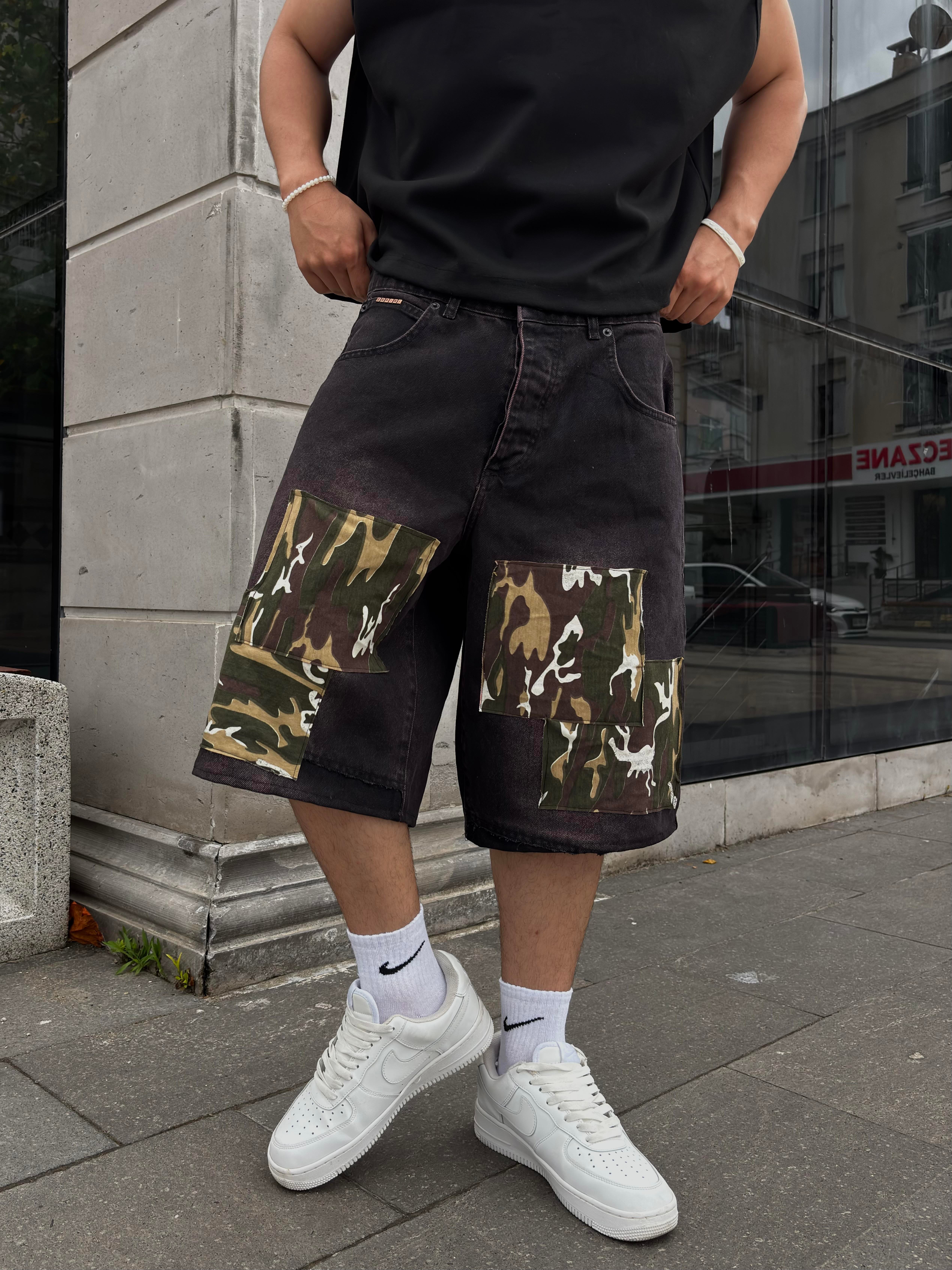 Denim Square Camo Detail Baggy Jorts