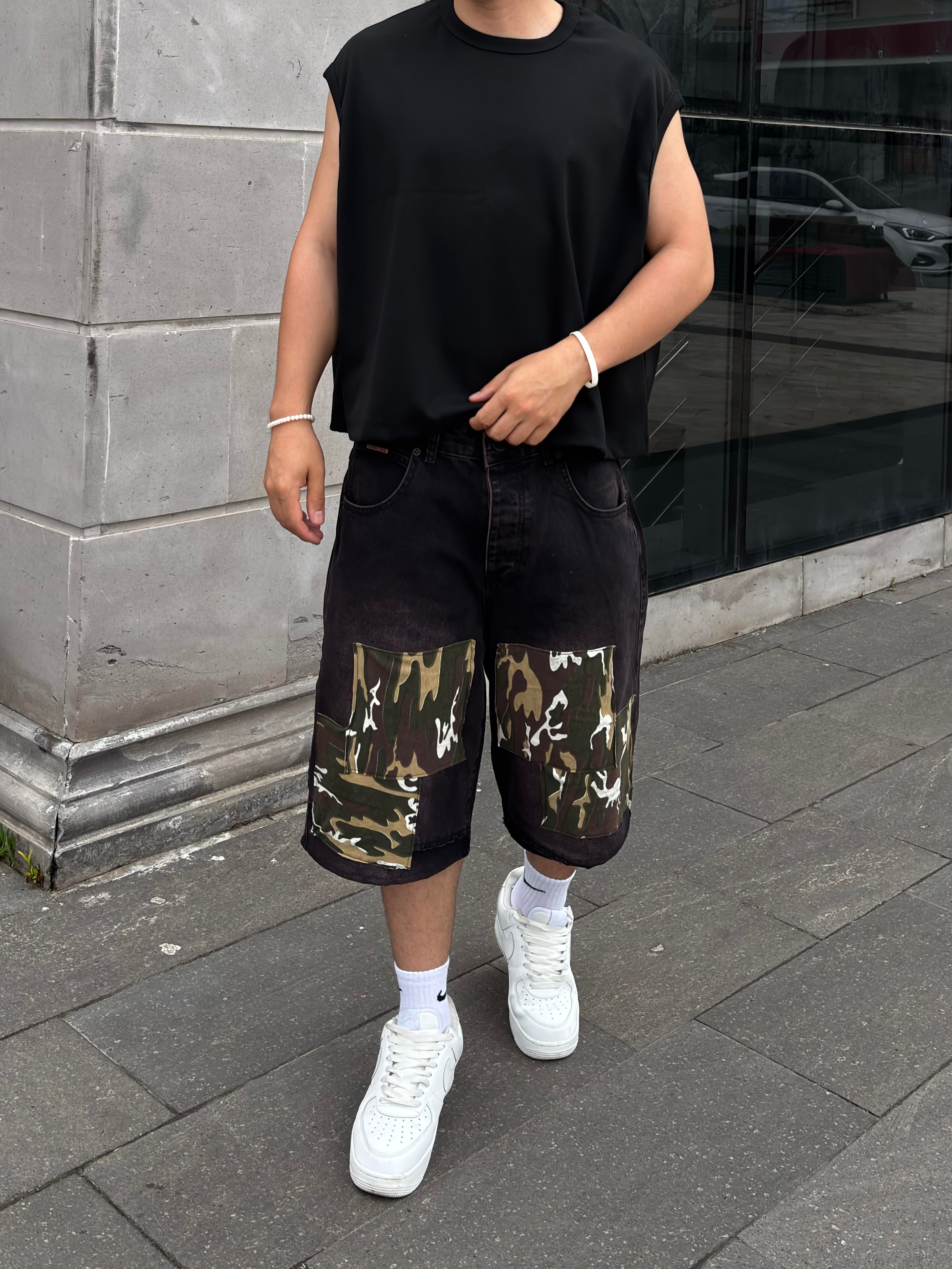 Denim Square Camo Detail Baggy Jorts