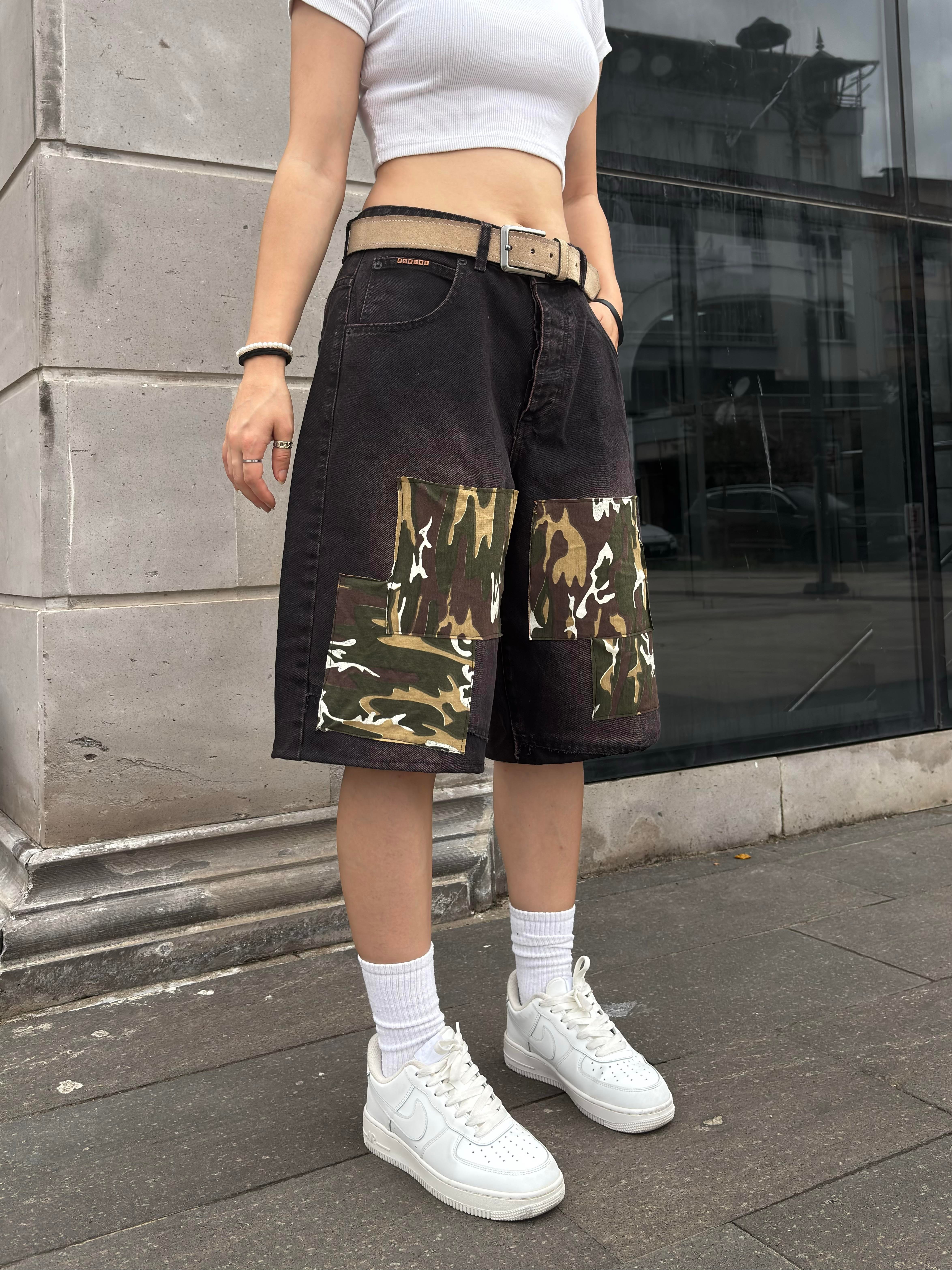 Denim Square Camo Detail Baggy Jorts