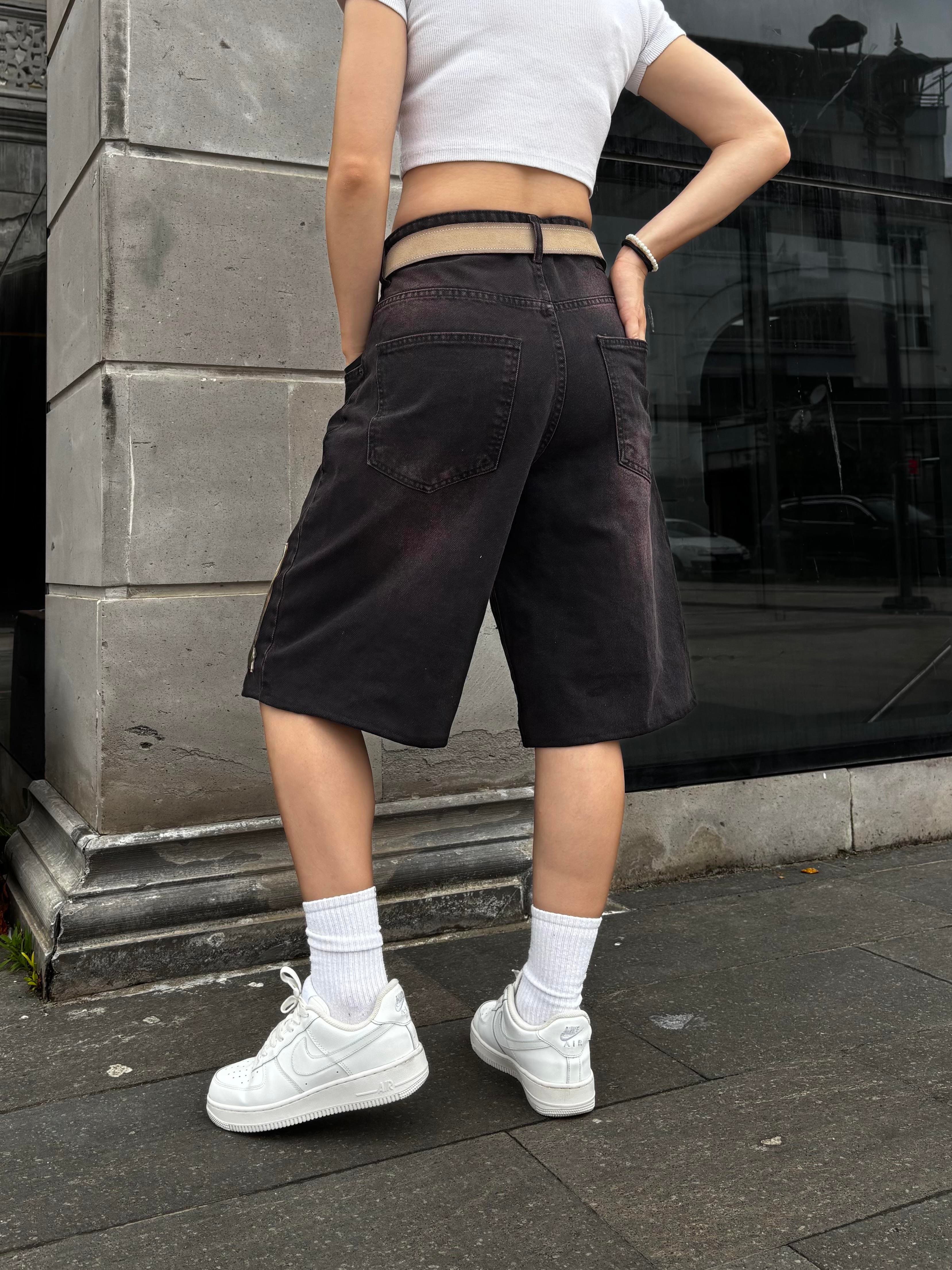 Denim Square Camo Detail Baggy Jorts