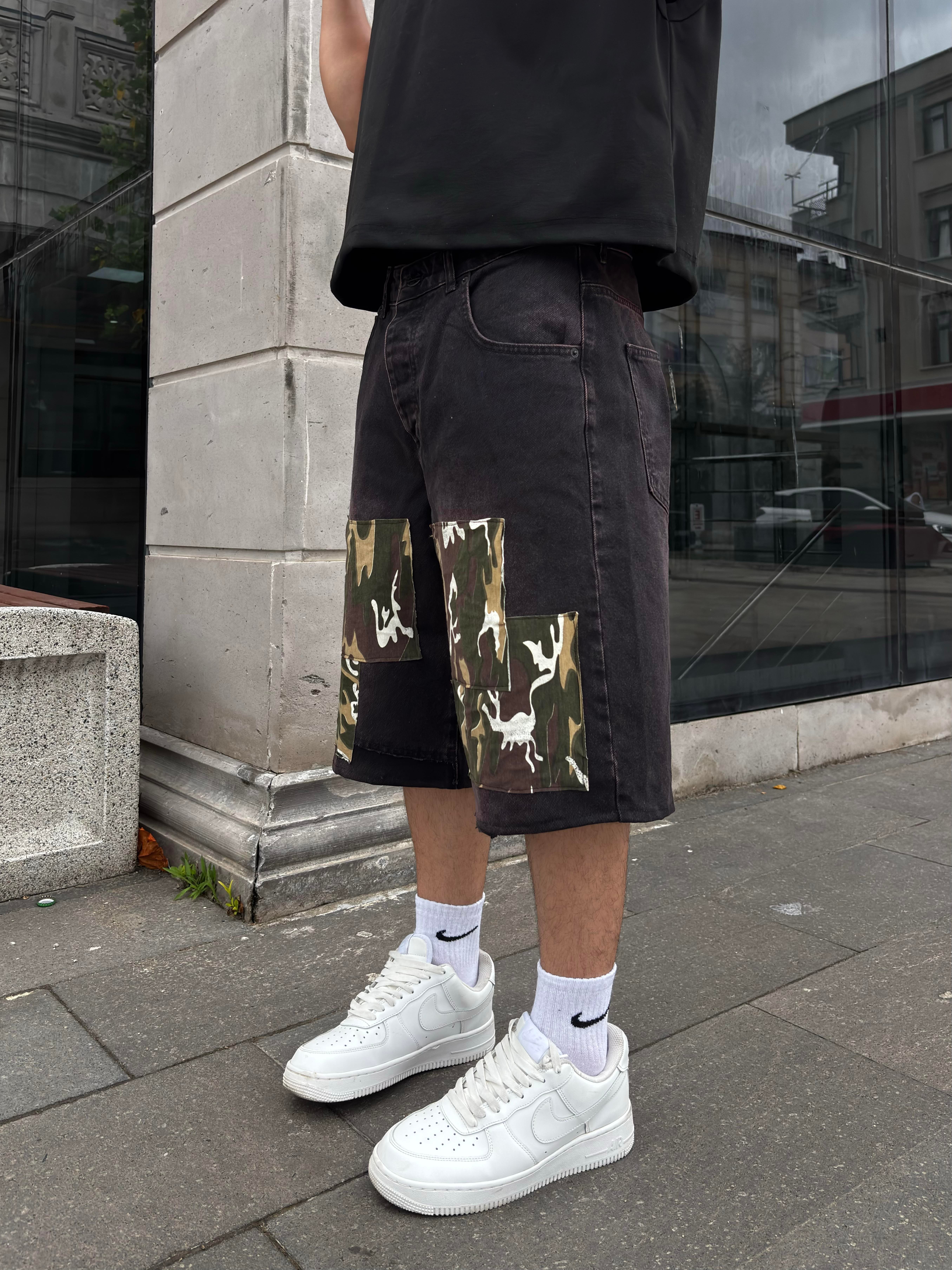 Denim Square Camo Detail Baggy Jorts