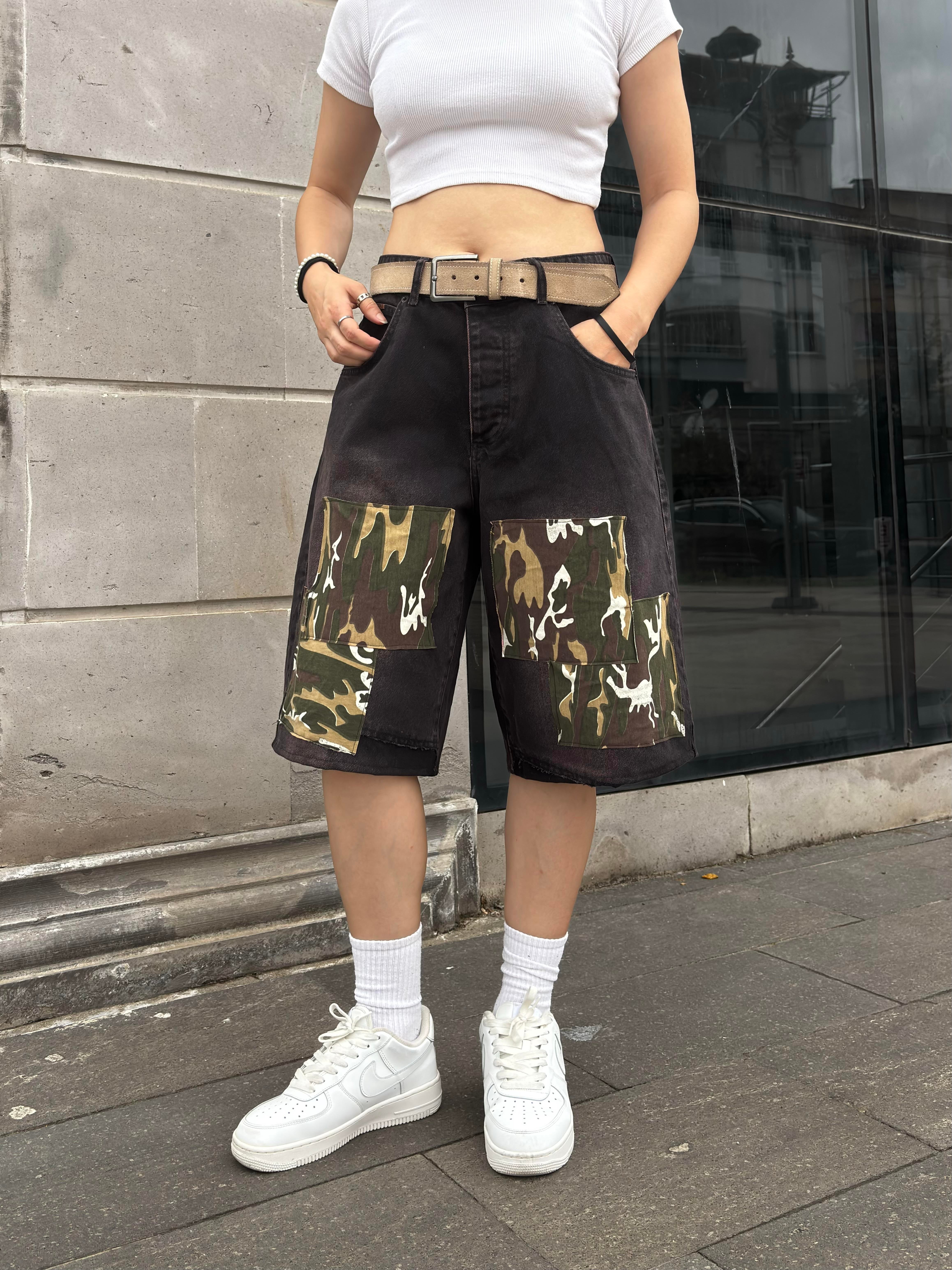 Denim Square Camo Detail Baggy Jorts