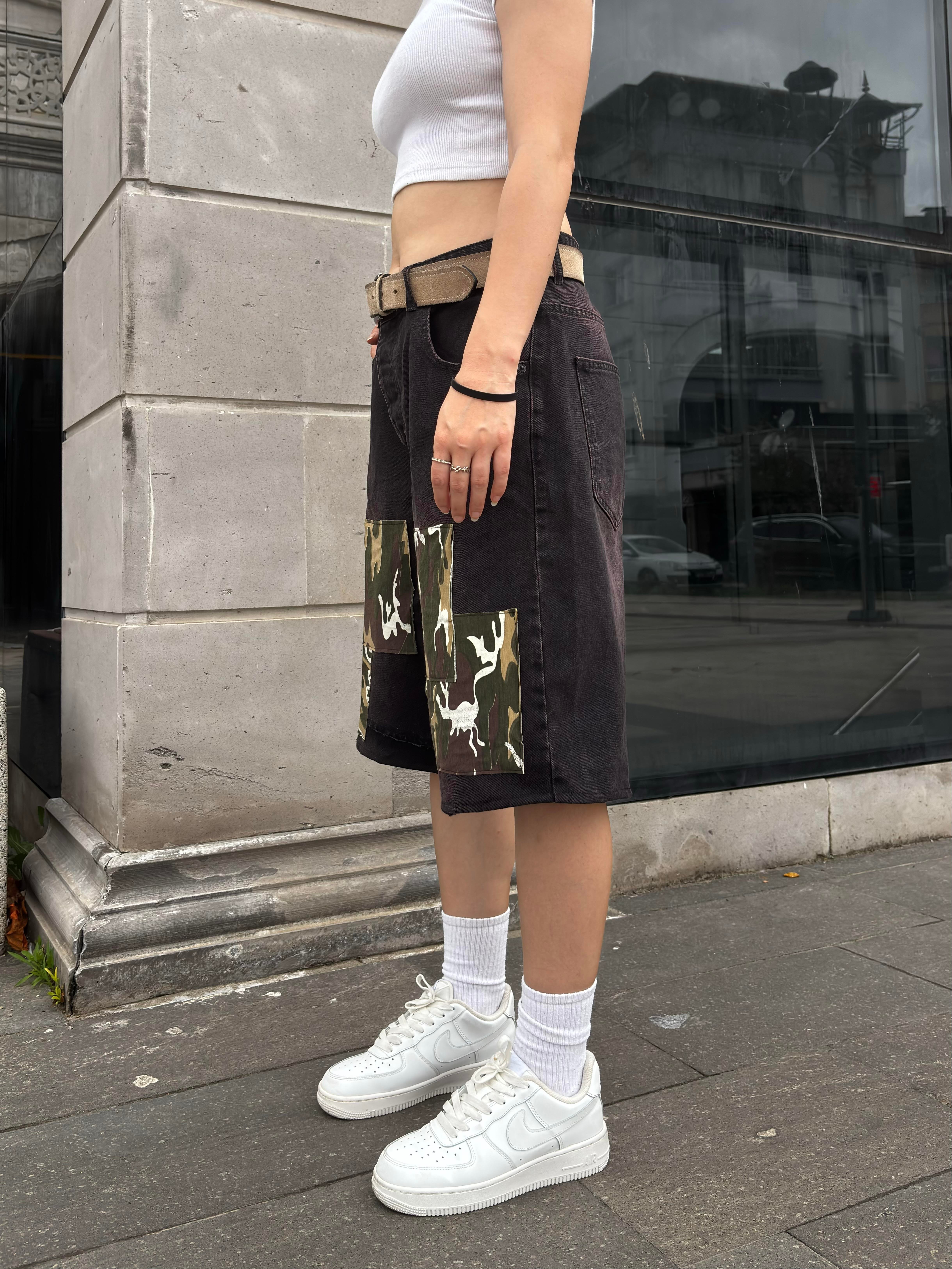 Denim Square Camo Detail Baggy Jorts