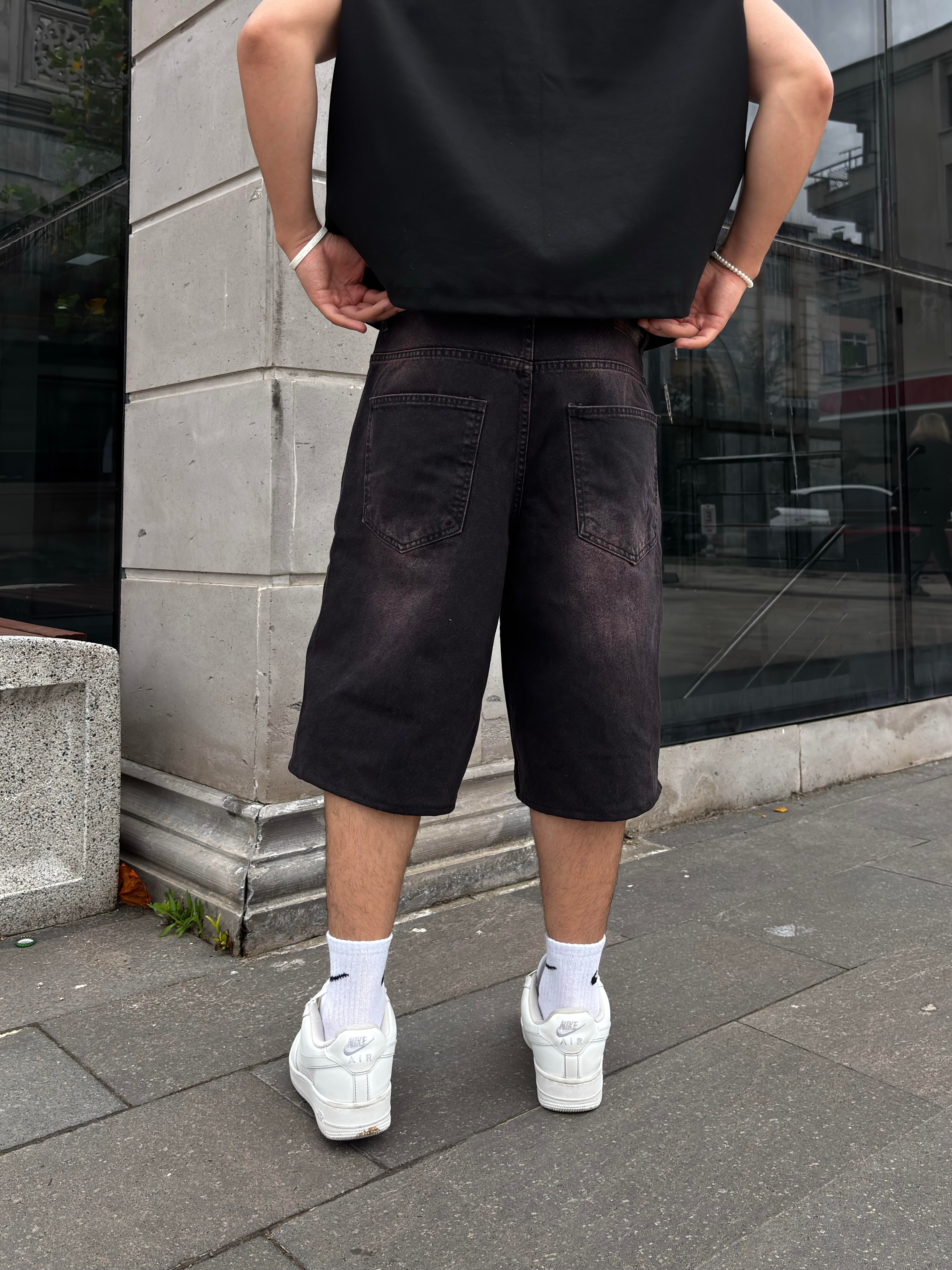 Denim Square Camo Detail Baggy Jorts
