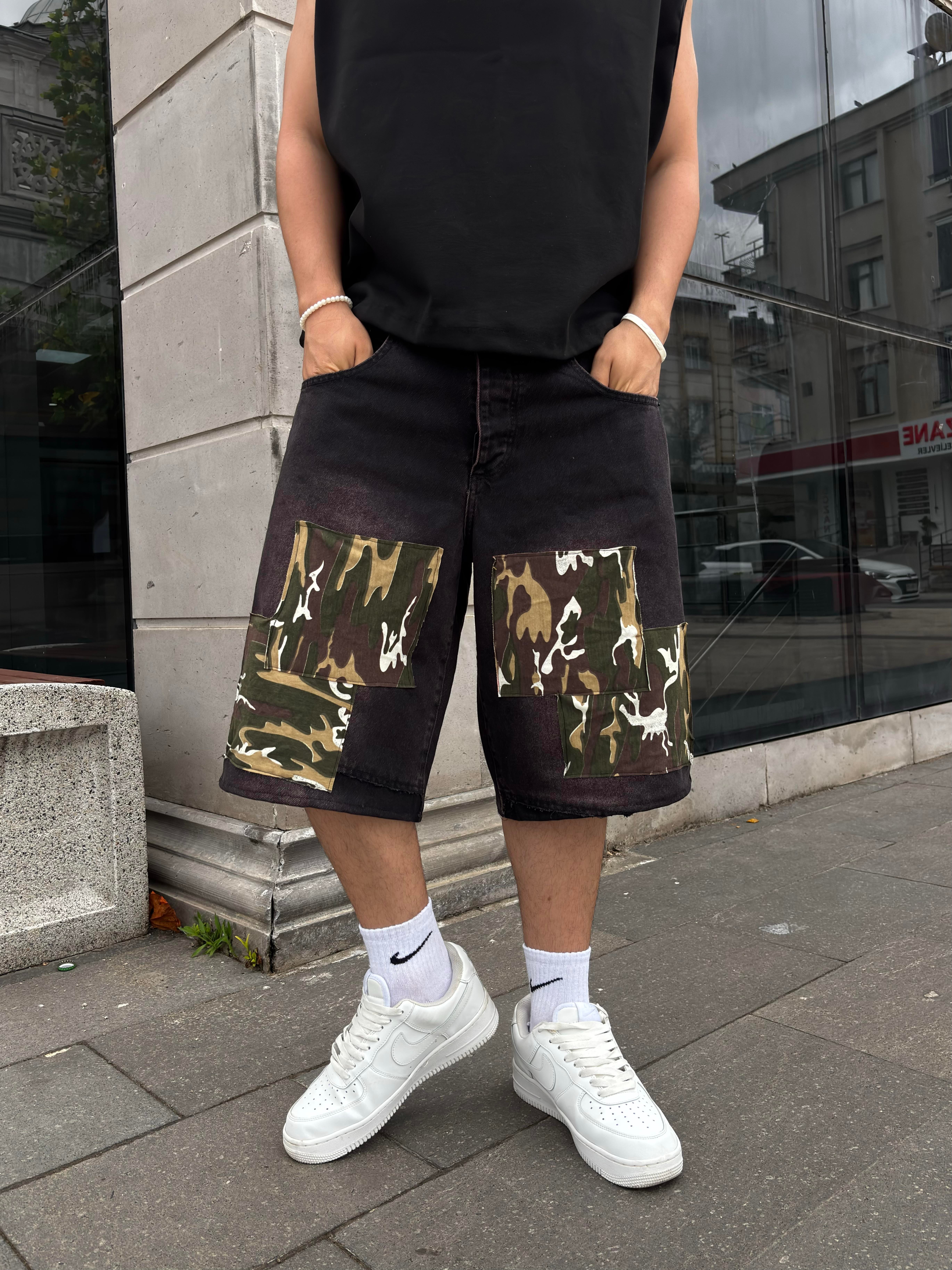 Denim Square Camo Detail Baggy Jorts