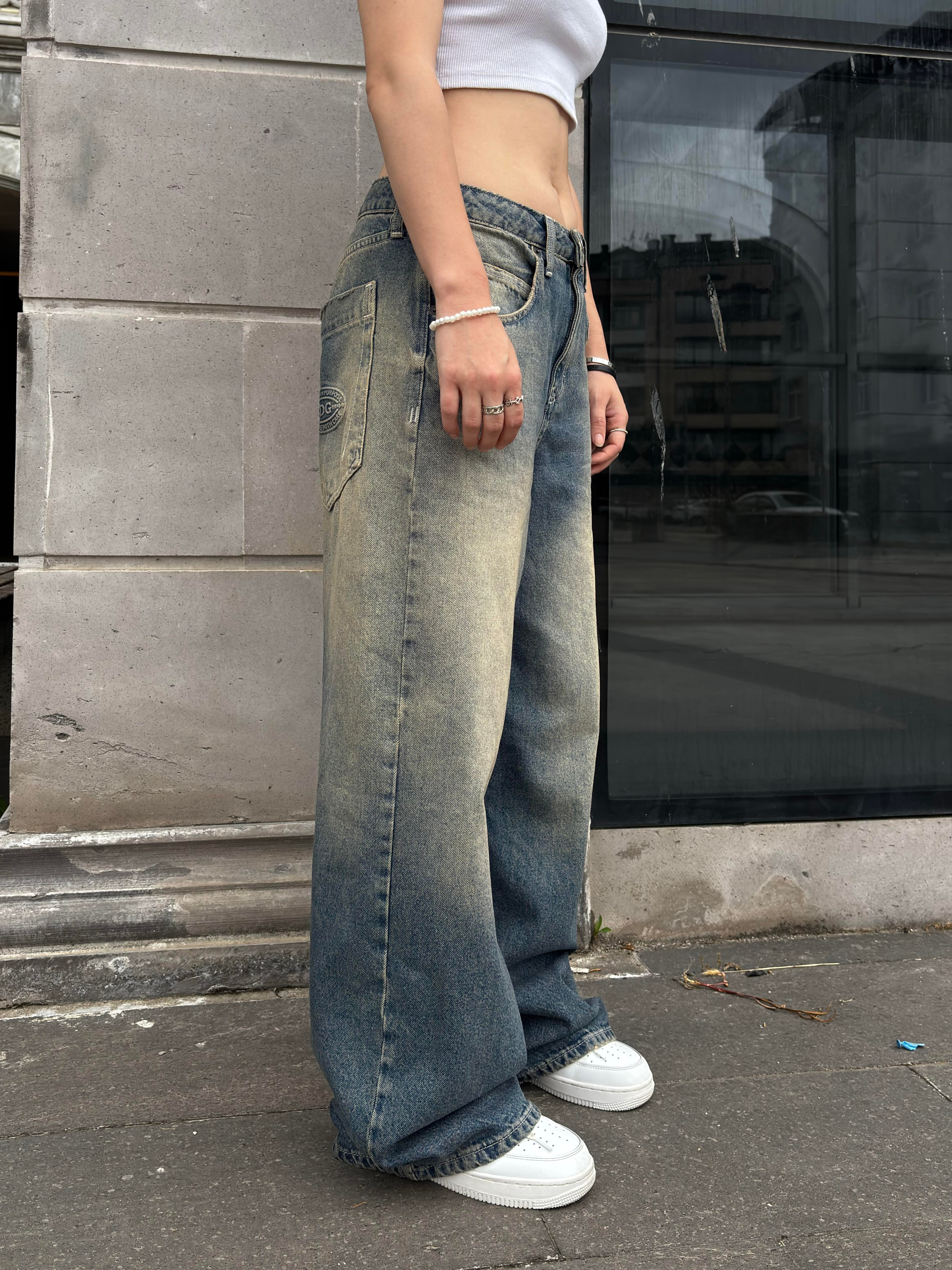 Eskitme Stamped Pocket Baggy Denim Jean