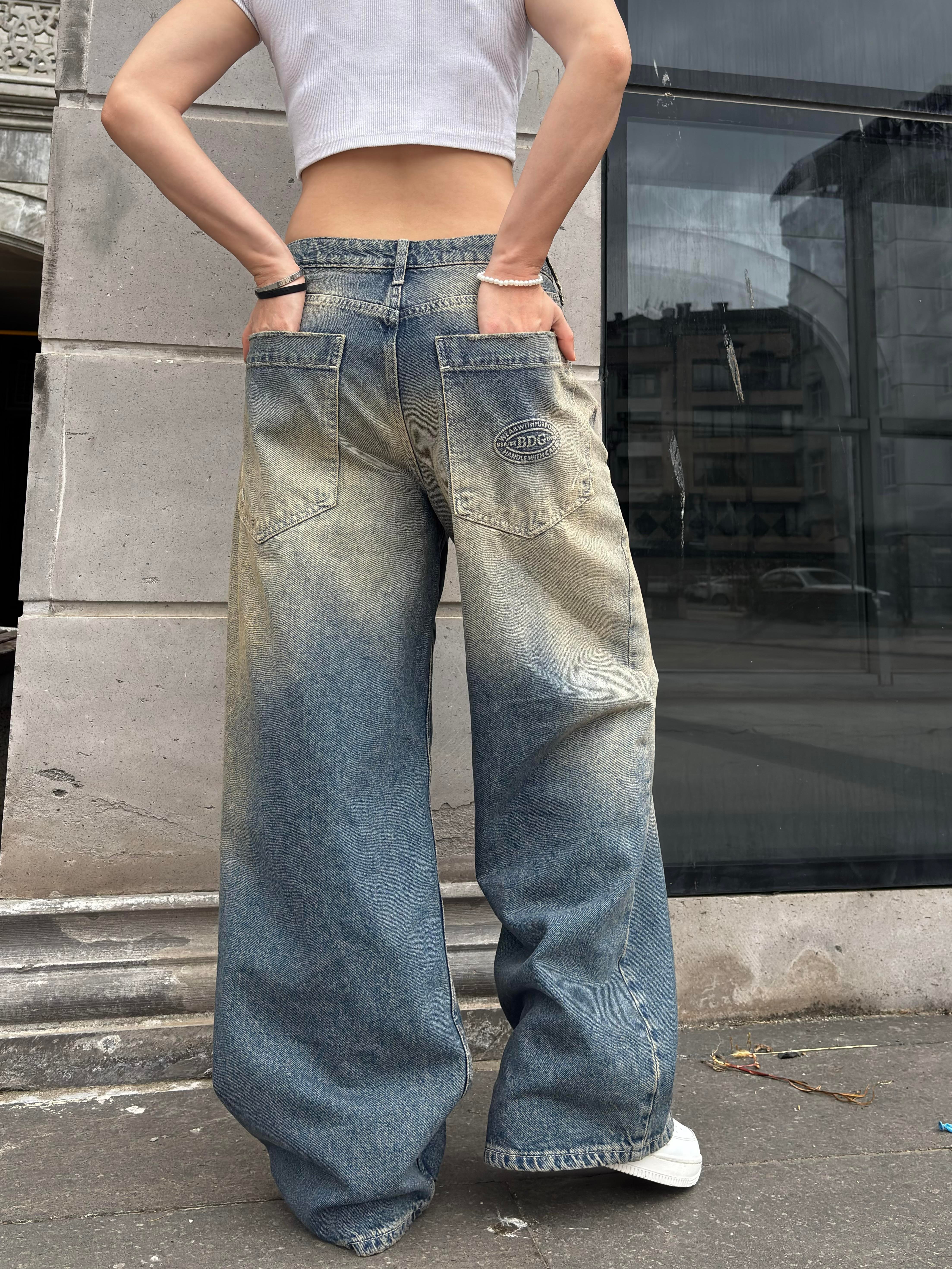 Eskitme Stamped Pocket Baggy Denim Jean