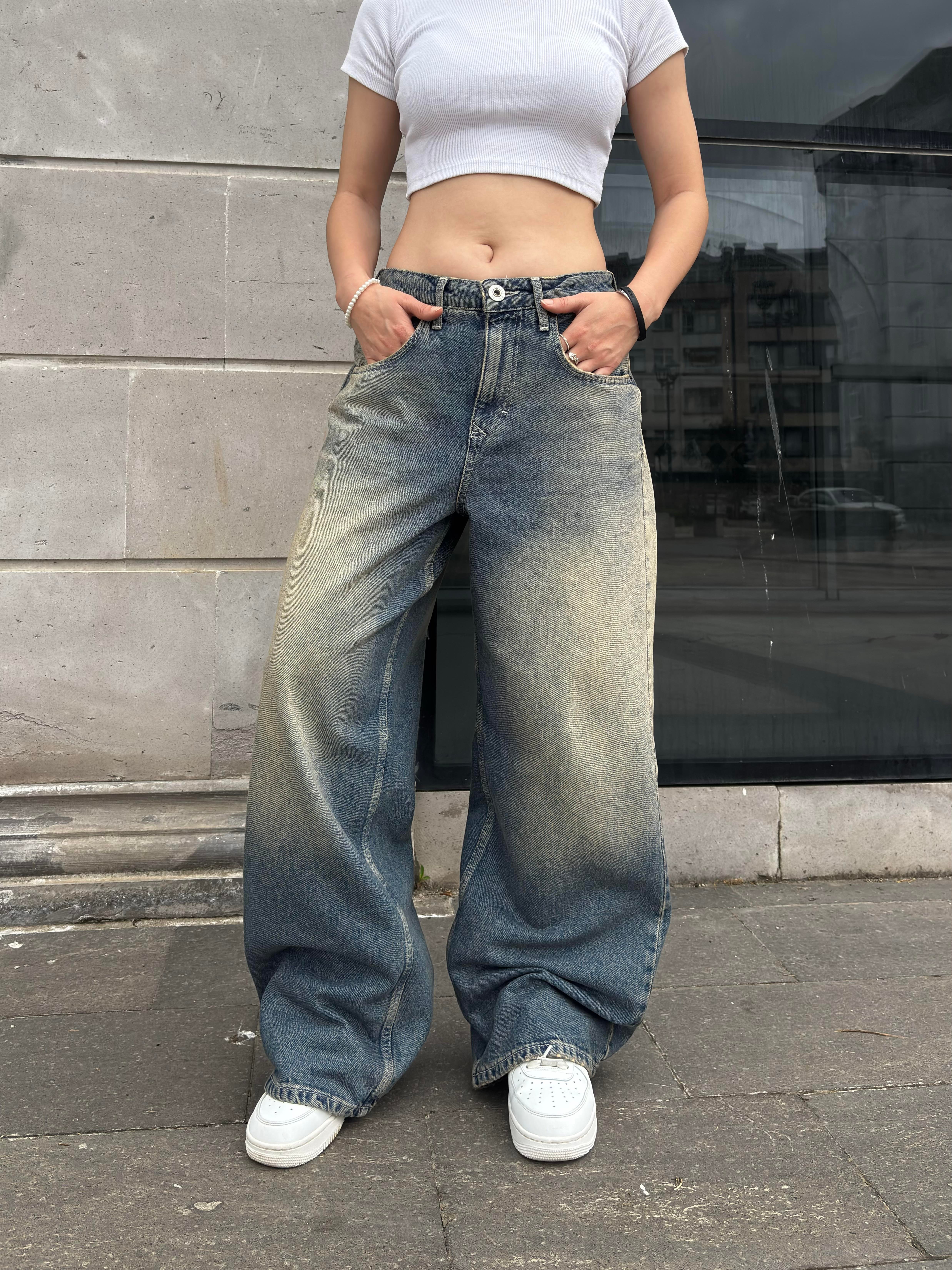 Eskitme Stamped Pocket Baggy Denim Jean
