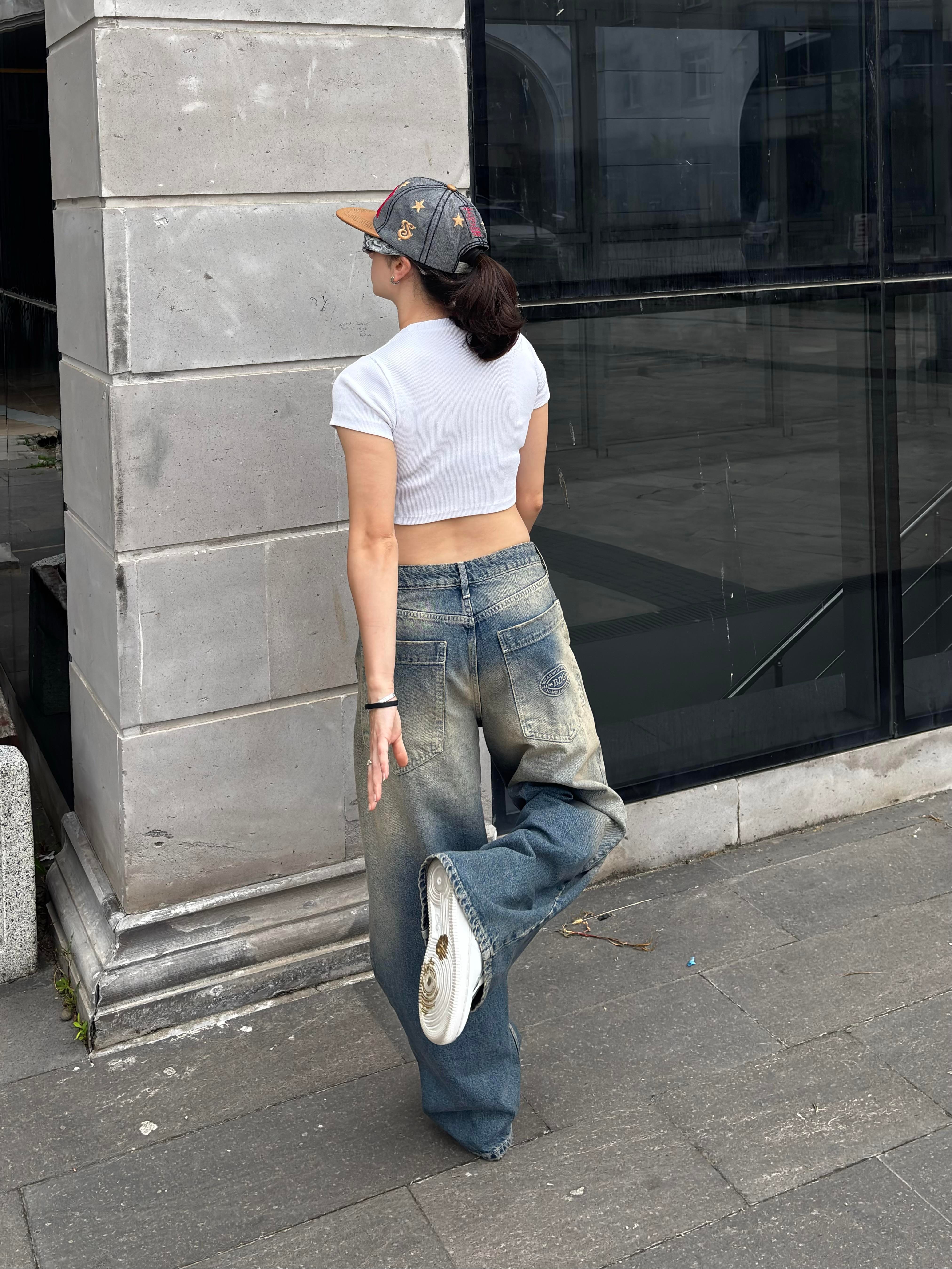 Eskitme Stamped Pocket Baggy Denim Jean