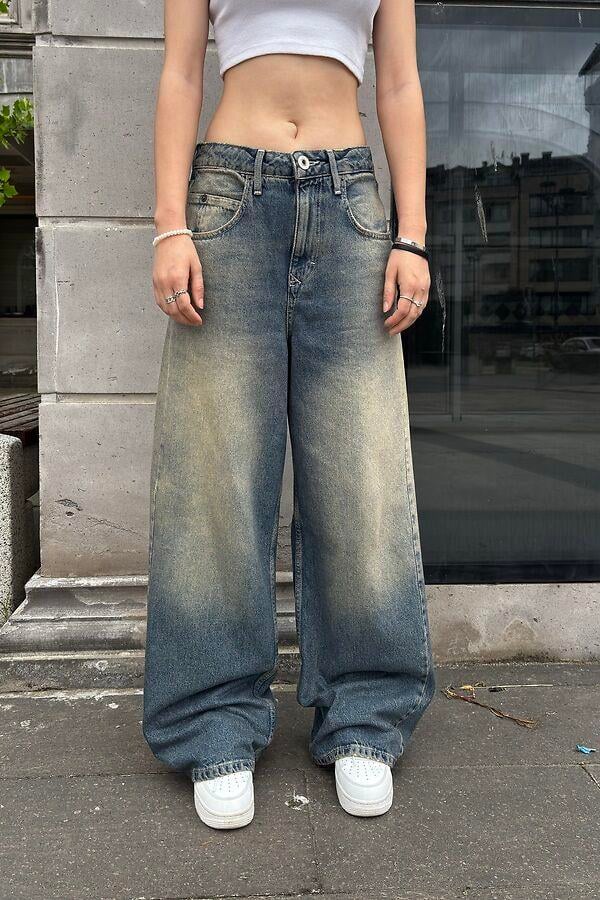 Eskitme Stamped Pocket Baggy Denim Jean