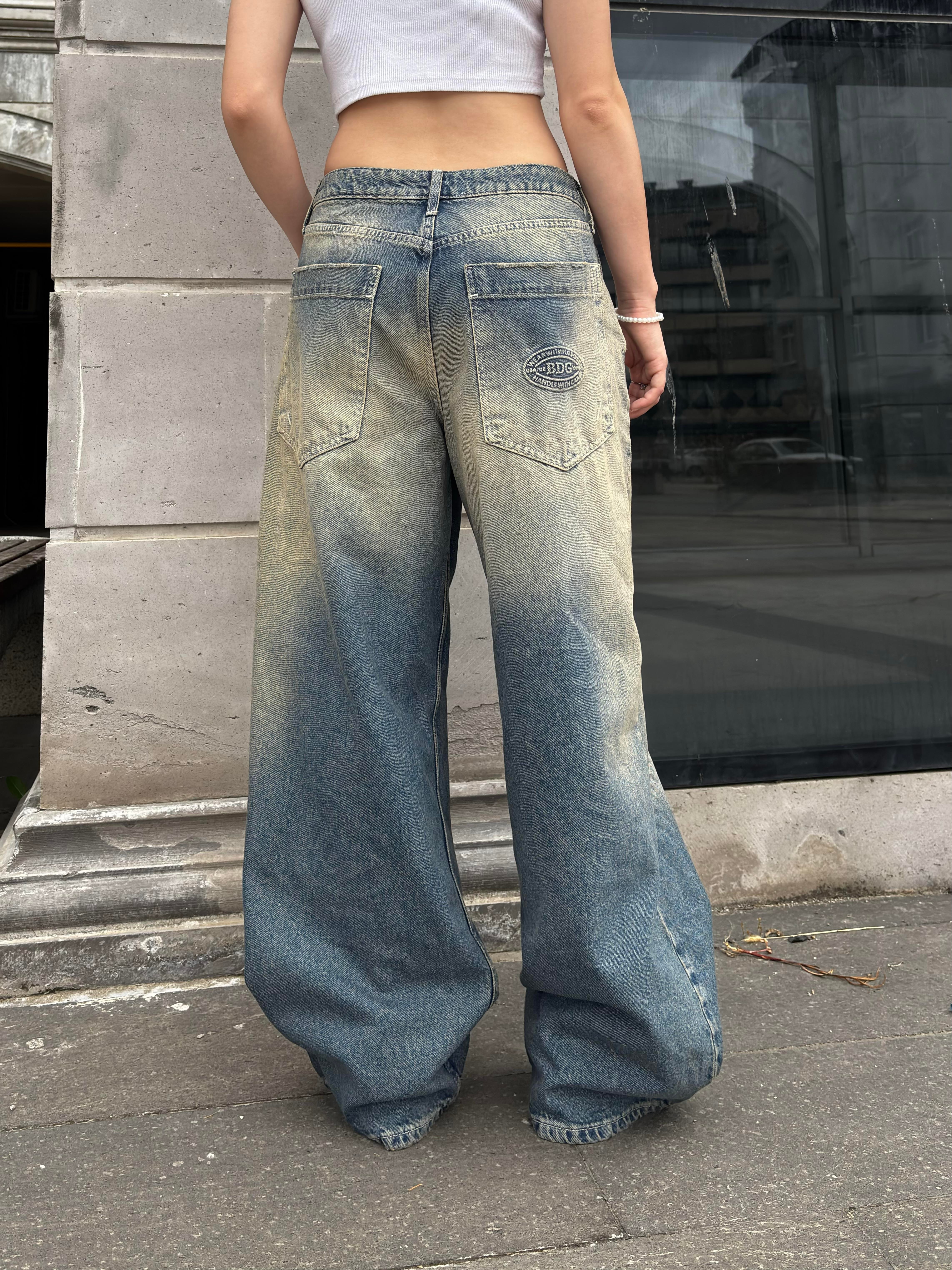 Eskitme Stamped Pocket Baggy Denim Jean
