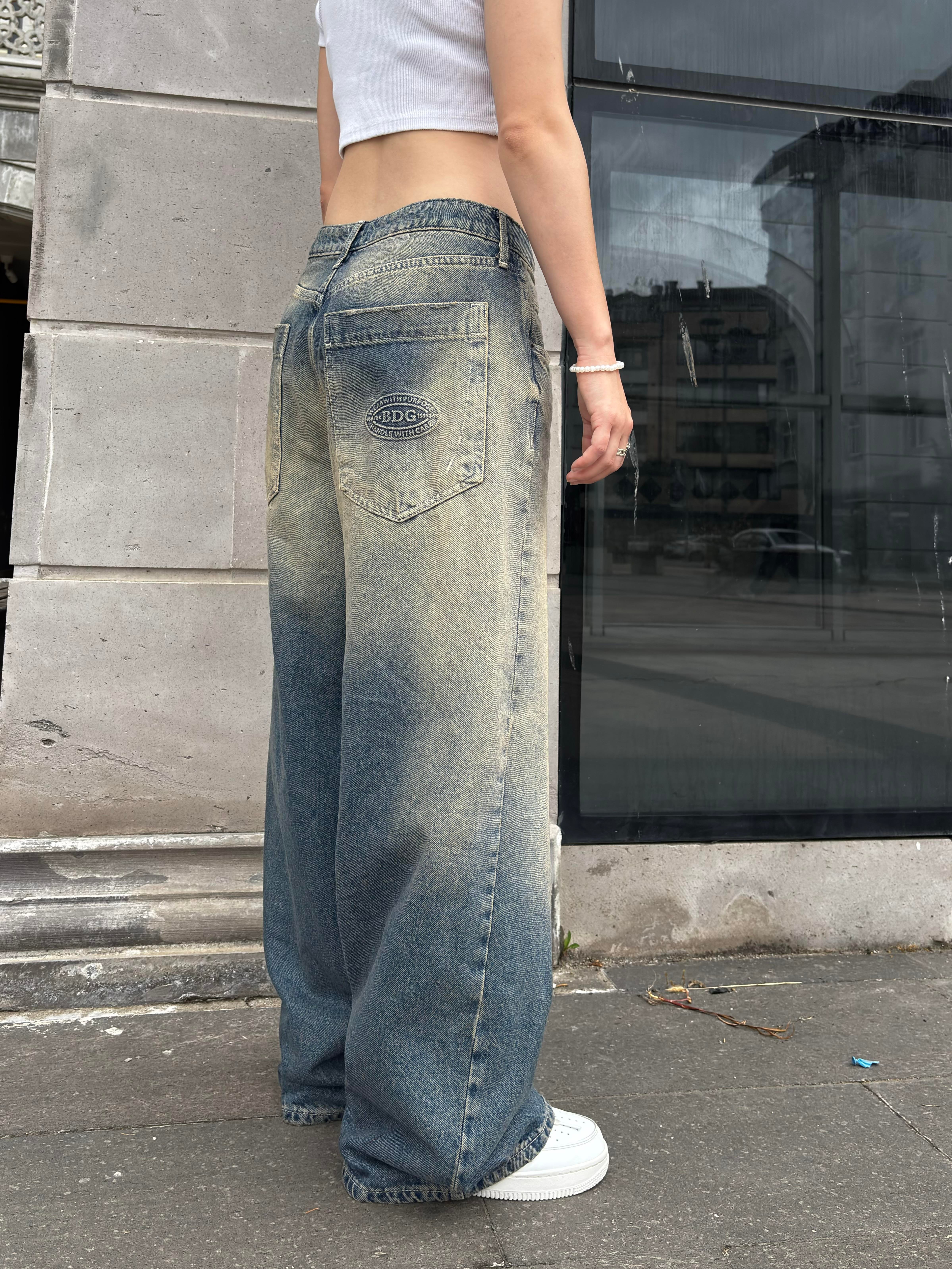 Eskitme Stamped Pocket Baggy Denim Jean