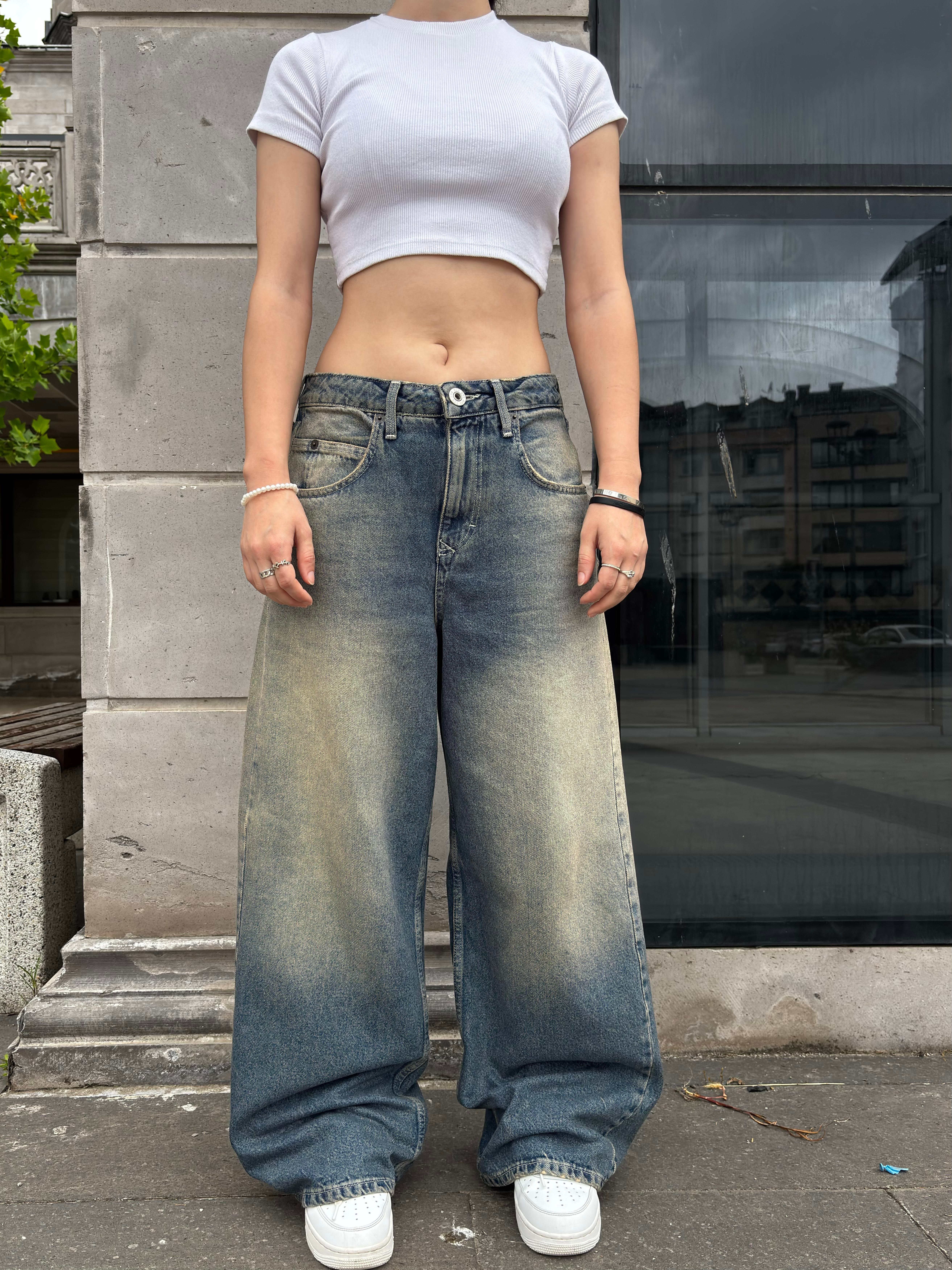 Eskitme Stamped Pocket Baggy Denim Jean