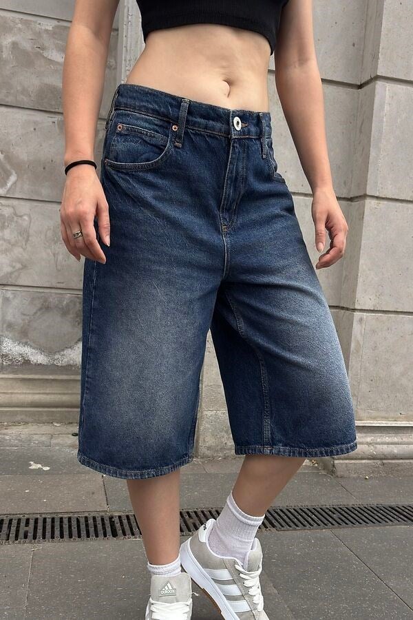 Eskitme Ton Longline Label Denim Jorts