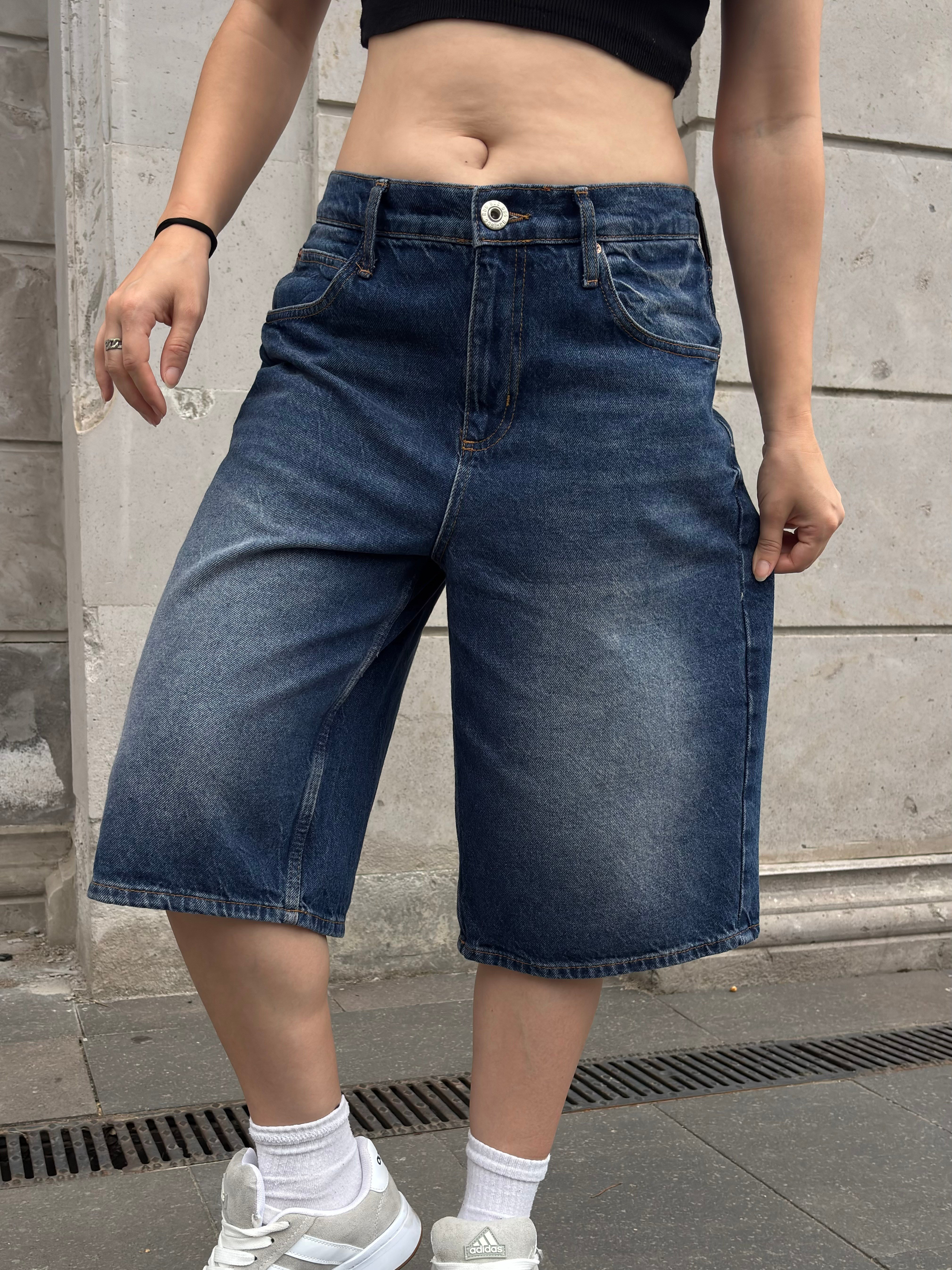 Eskitme Ton Longline Label Denim Jorts