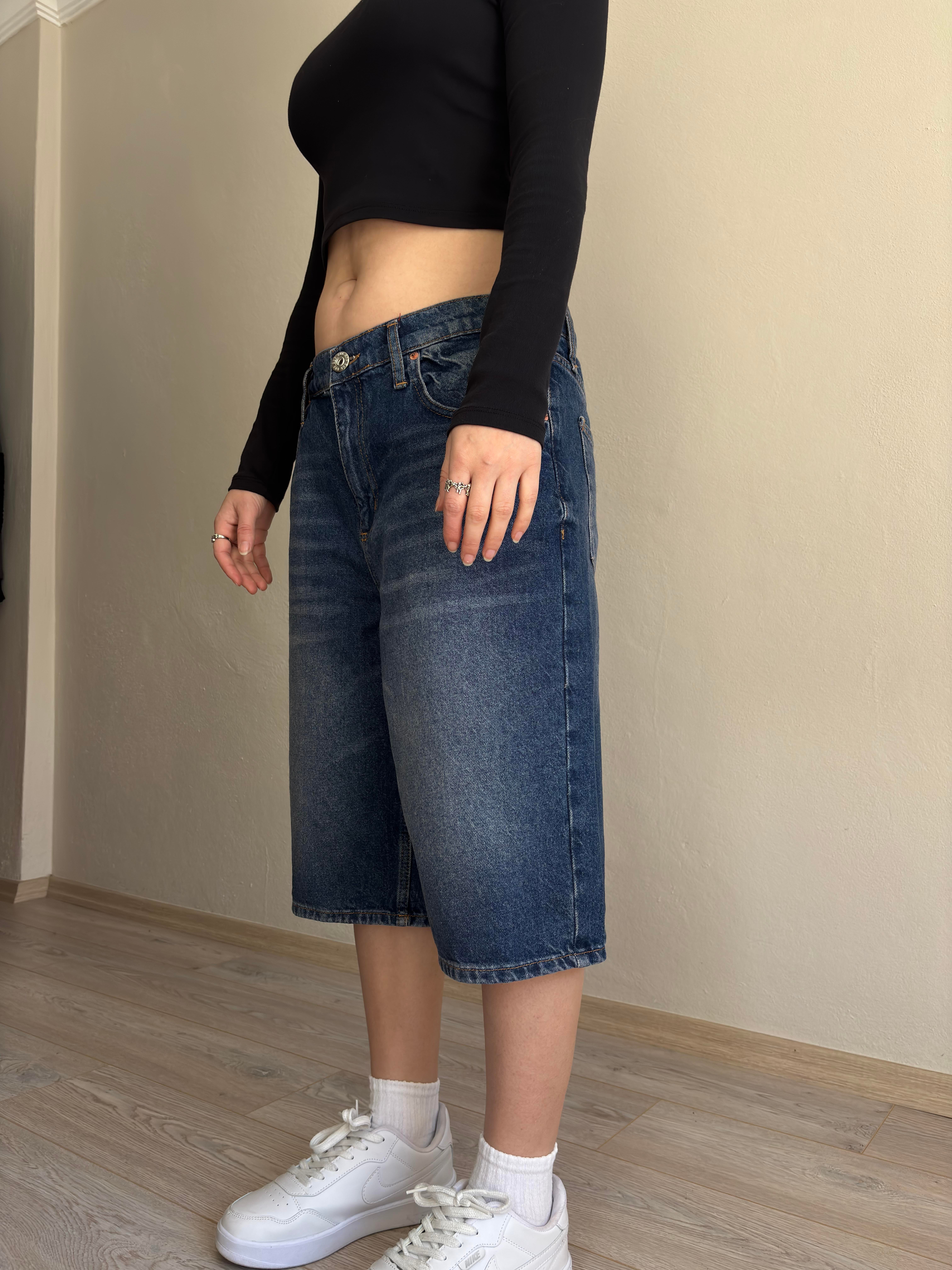 Eskitme Ton Longline Label Denim Jorts