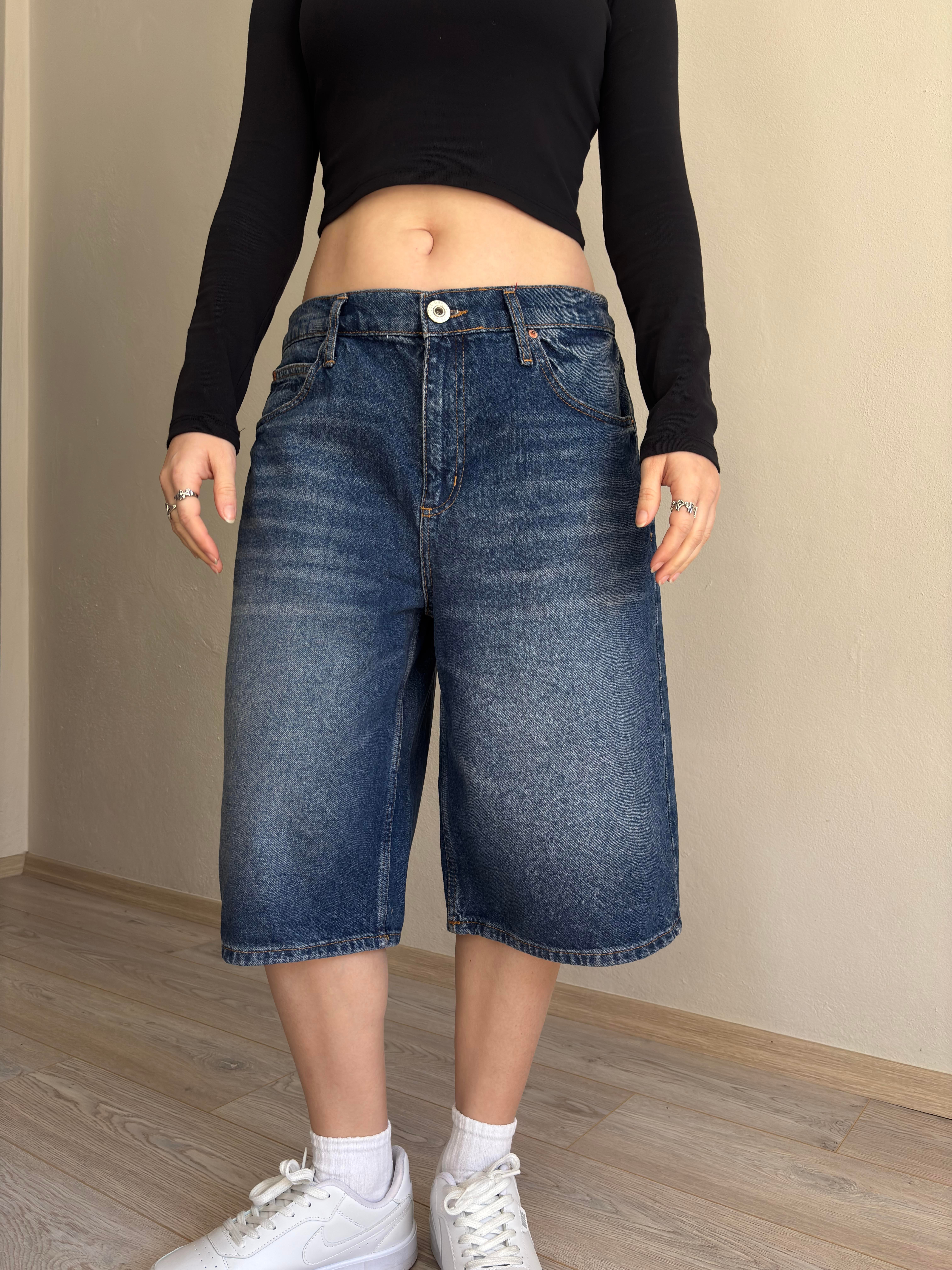 Eskitme Ton Longline Label Denim Jorts