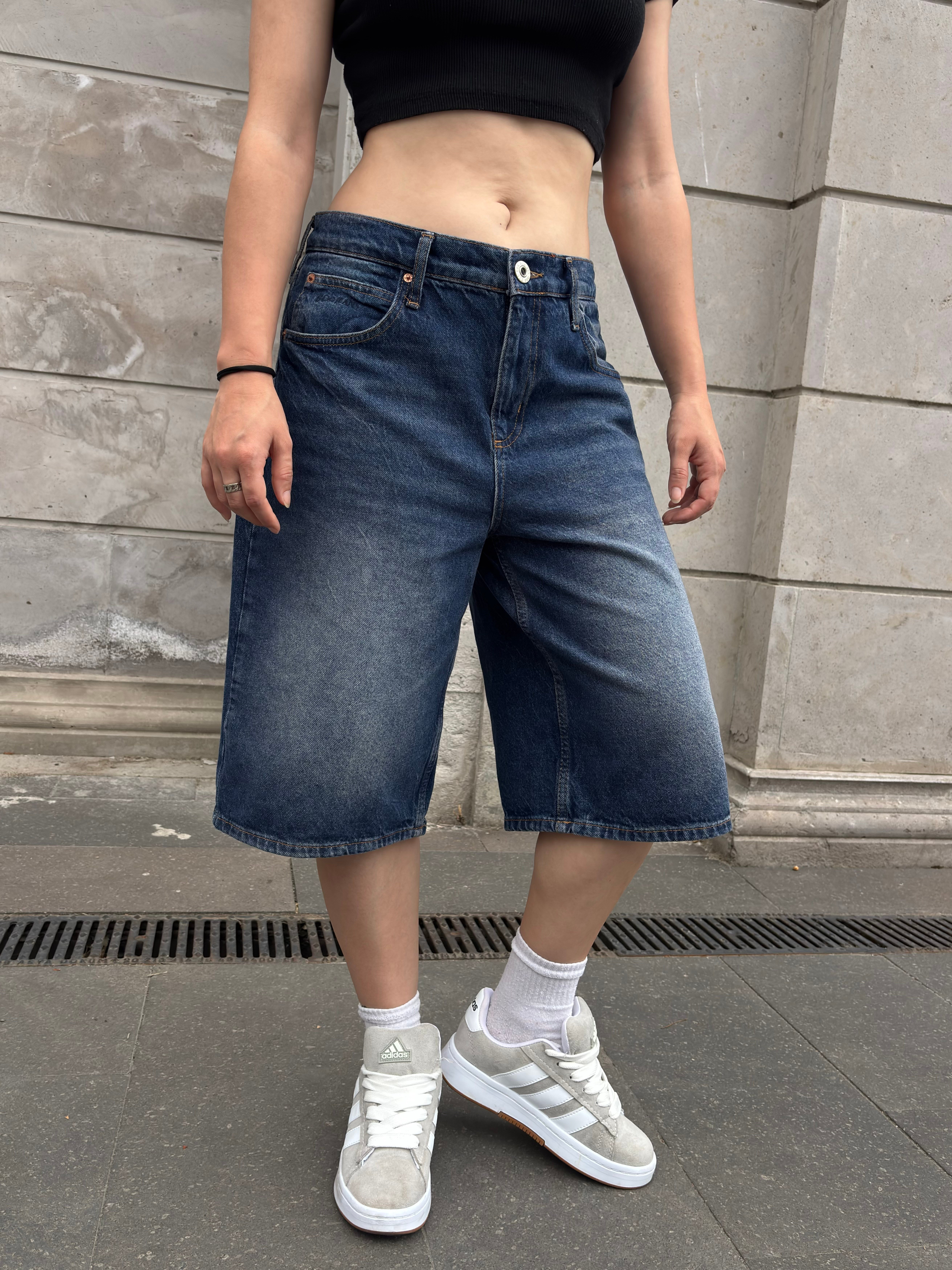 Eskitme Ton Longline Label Denim Jorts