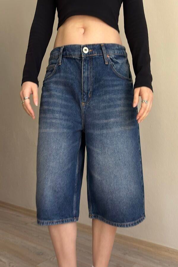 Eskitme Ton Longline Label Denim Jorts