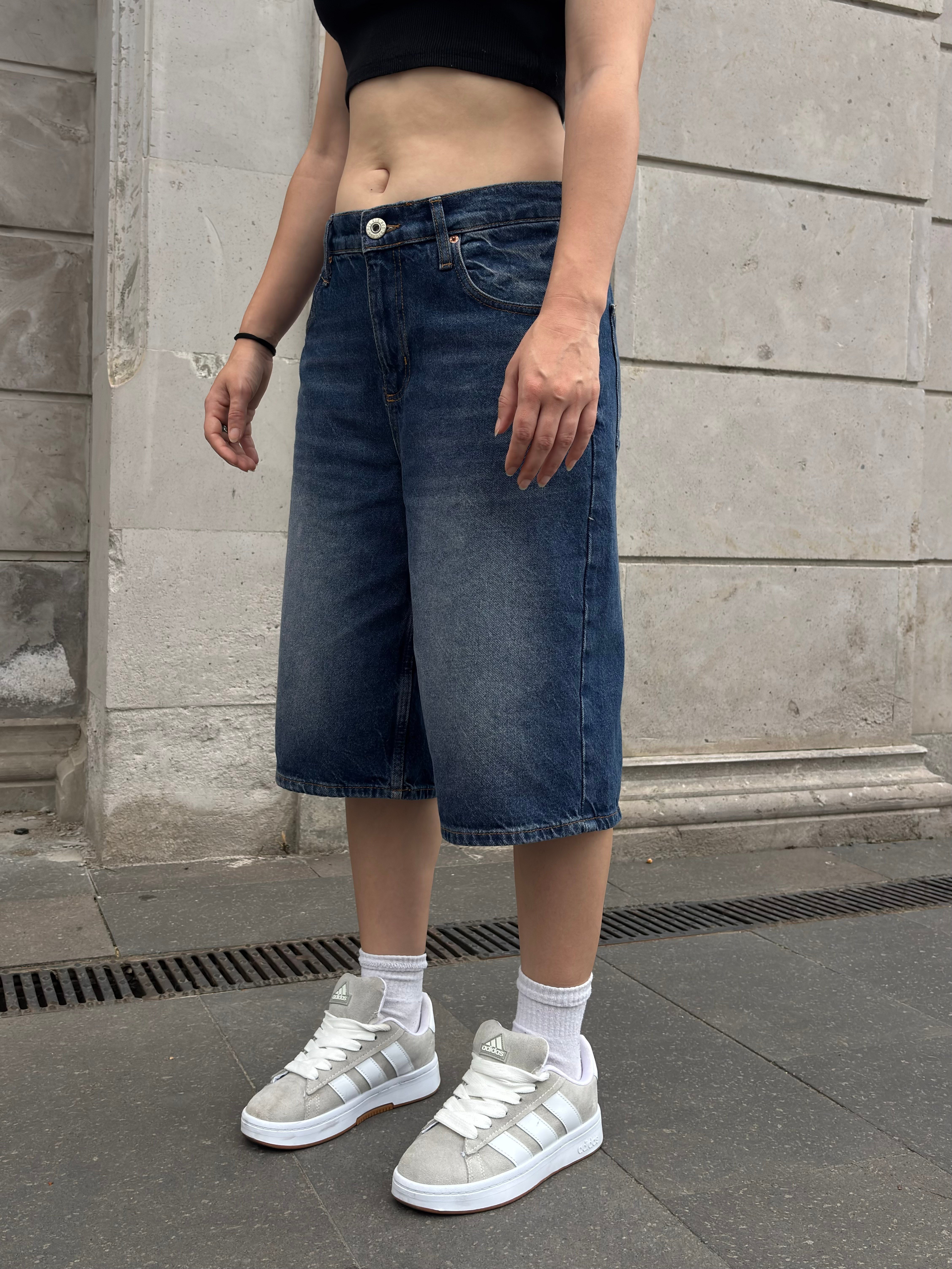 Eskitme Ton Longline Label Denim Jorts