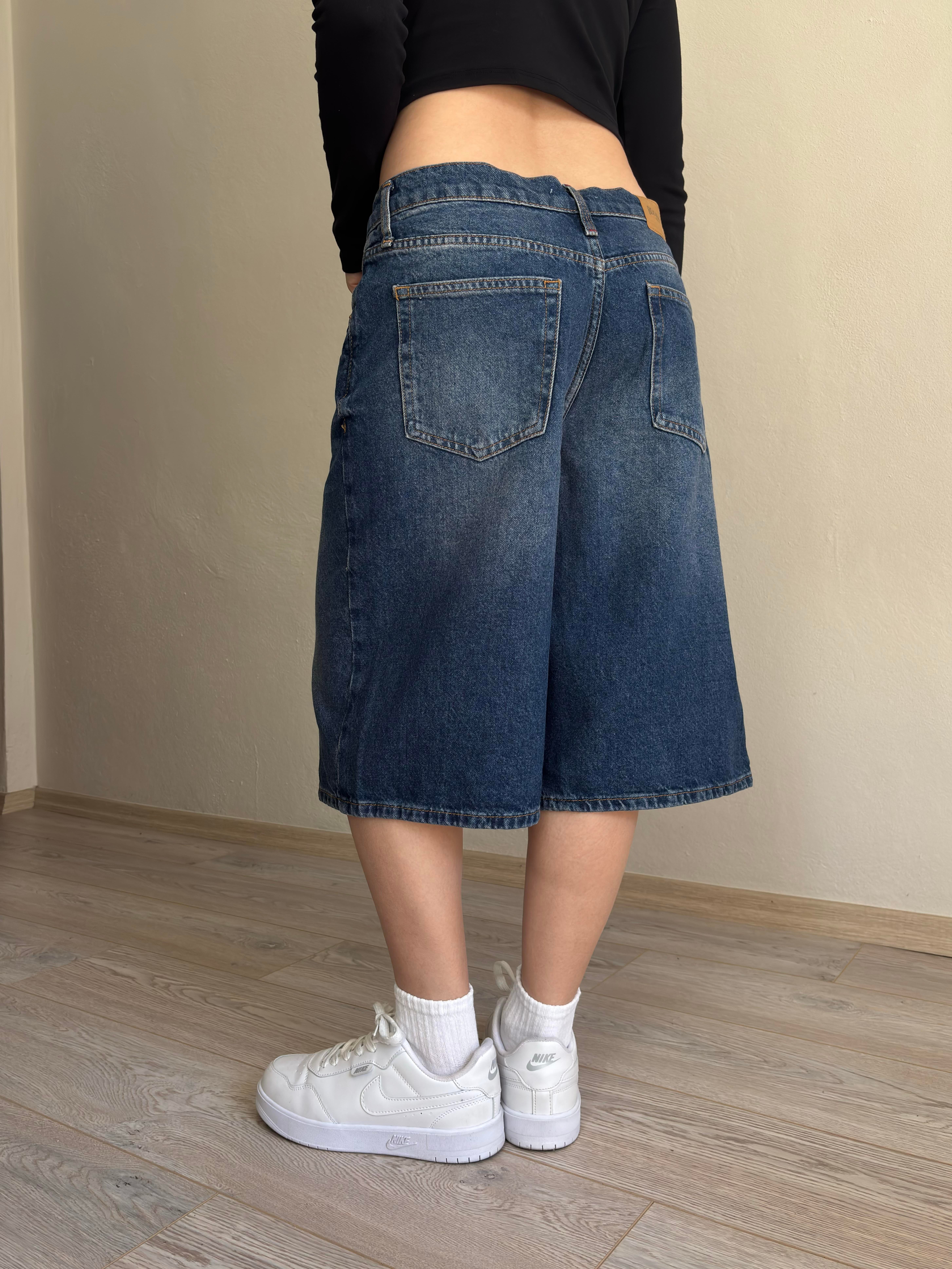 Eskitme Ton Longline Label Denim Jorts