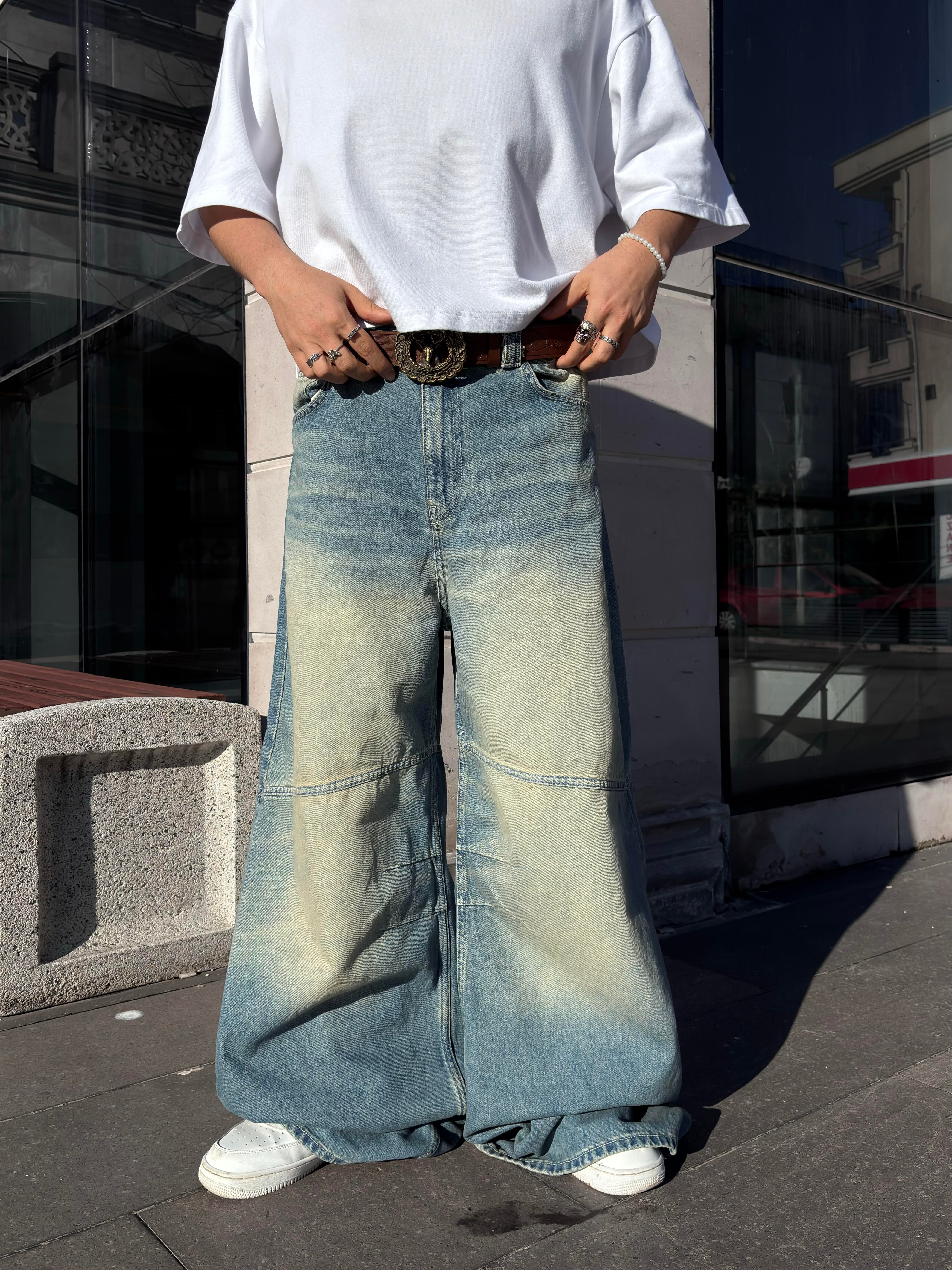 Eskitme Ton Minimal Nakış Geniş Paça Jean