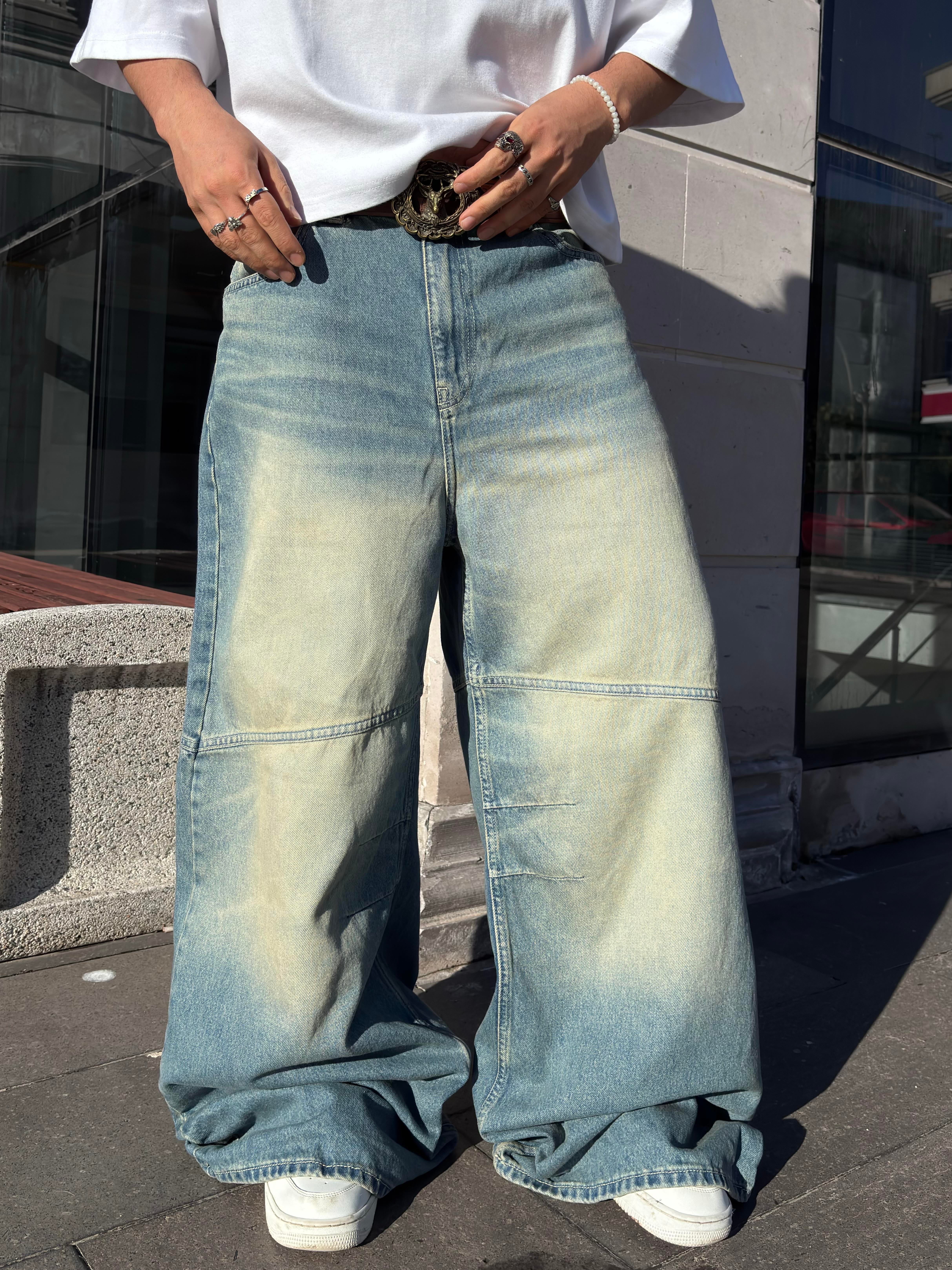 Eskitme Ton Minimal Nakış Geniş Paça Jean