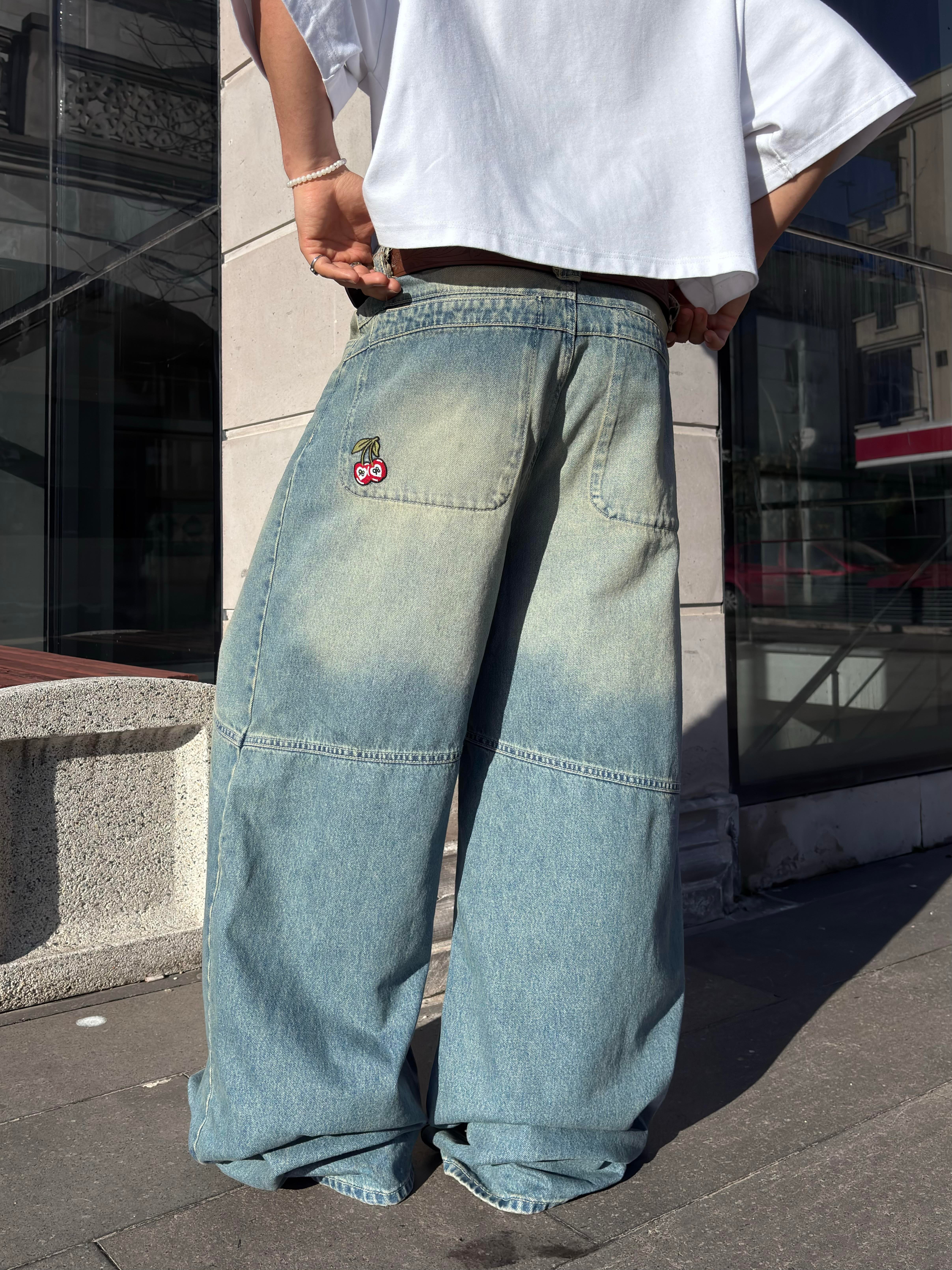 Eskitme Ton Minimal Nakış Geniş Paça Jean